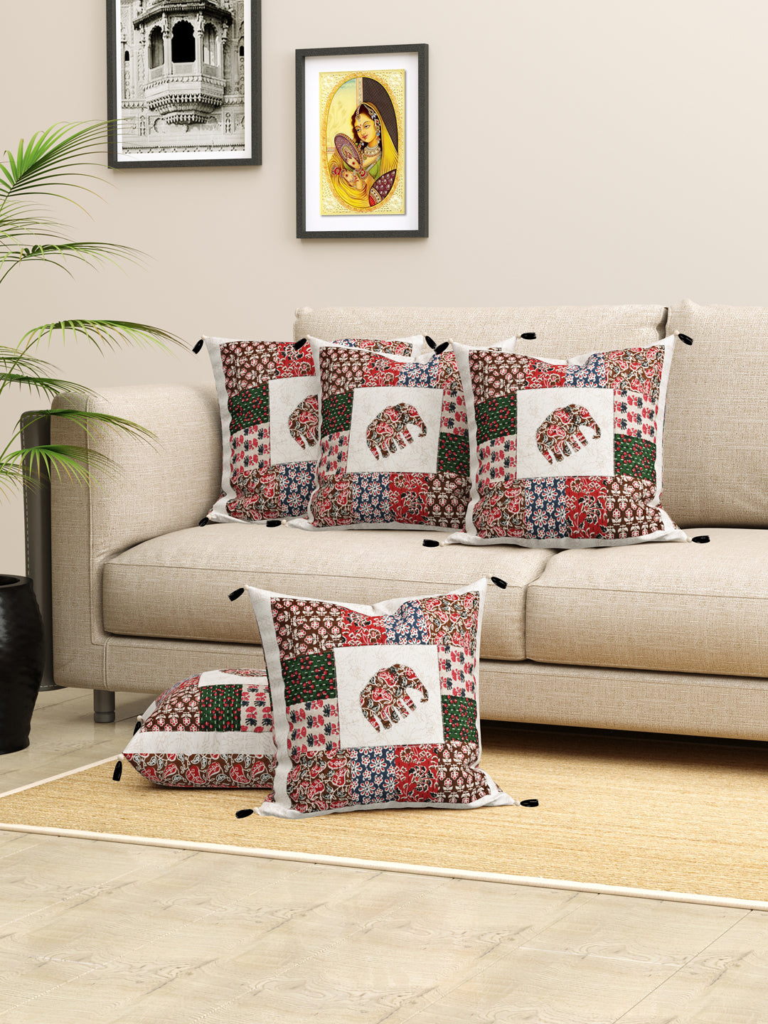 Elephant Patchwork Cotton Cushion Cover- Set of 5