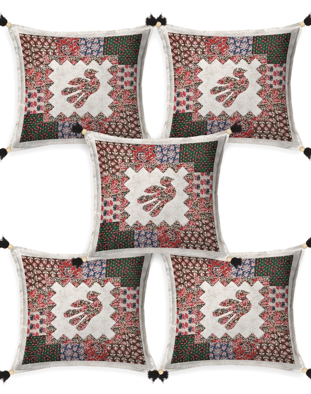 Bird Patchwork Cotton Cushion Cover- Set of 5