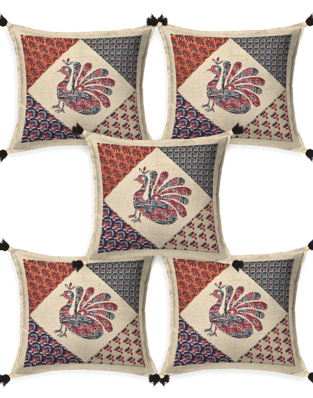 Living Roots Peacock Patchwork Cotton Cushion Cover- Set of 5 (40-023-A)