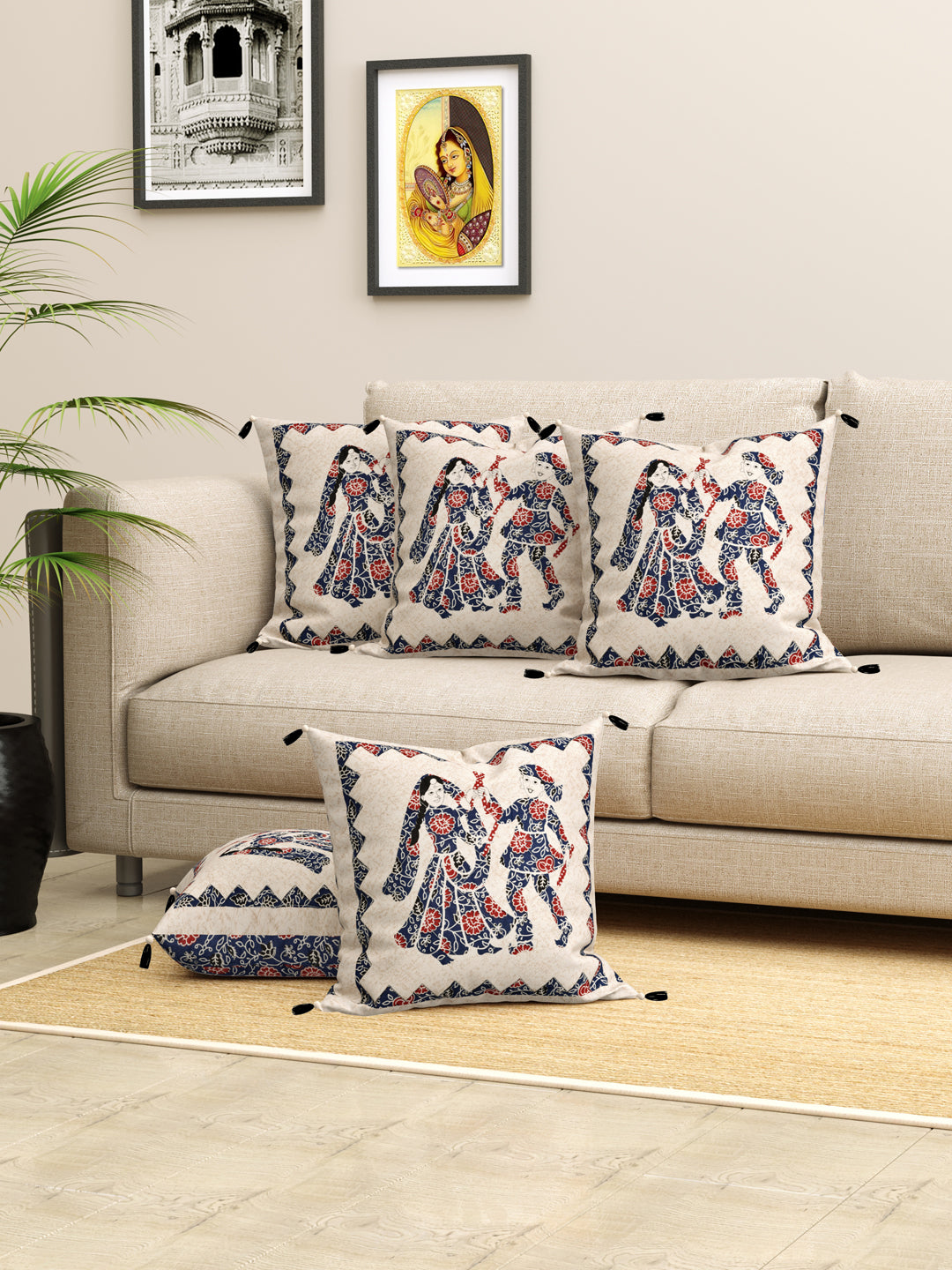 Living Roots Ethnic Couple Patchwork Cotton Cushion Cover- Set of 5 (40-025-A)