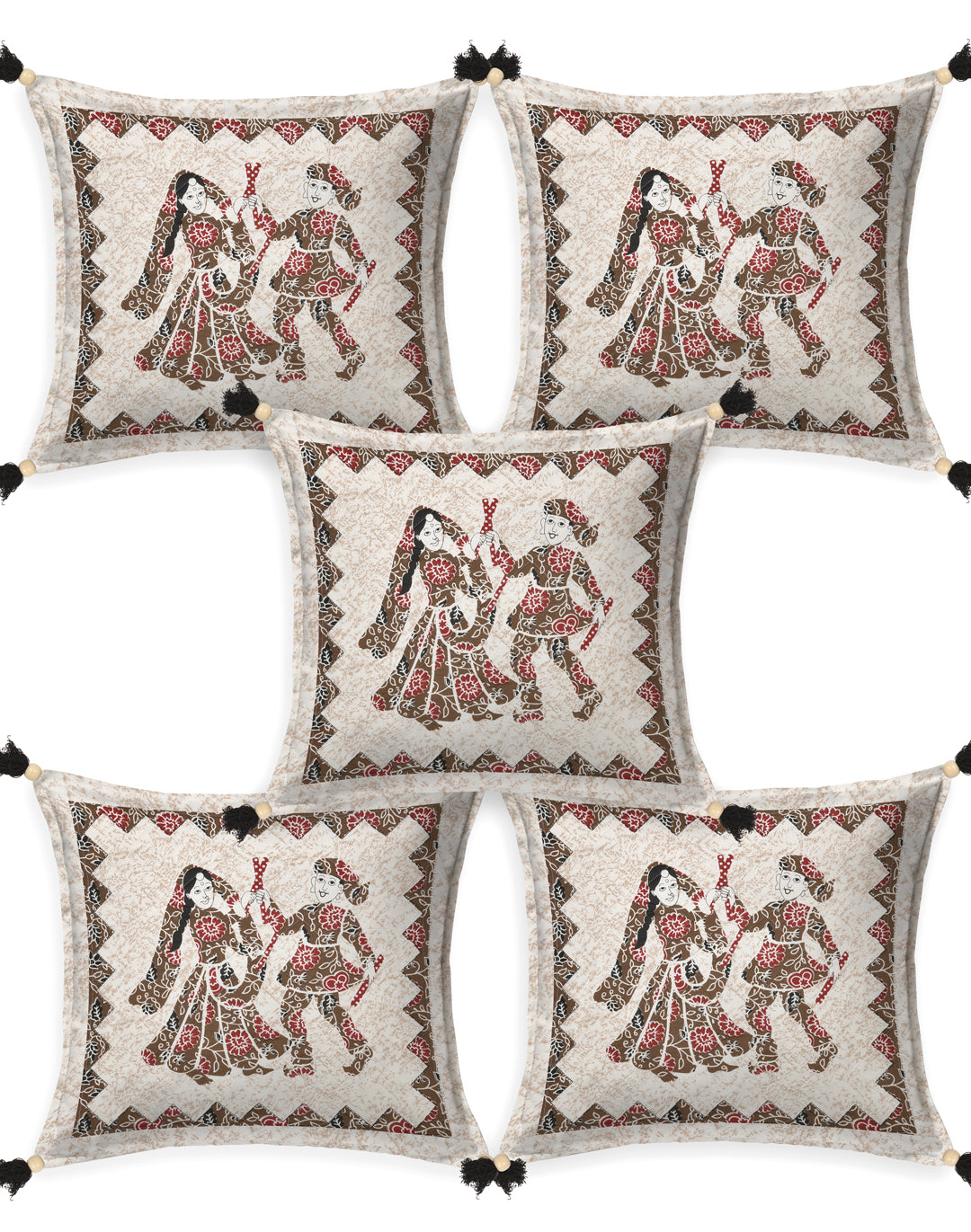 Ethnic Couple Patchwork Cotton Cushion Cover- Set of 5