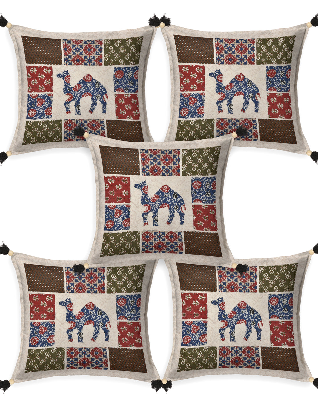 Camel Patchwork Cotton Cushion Cover- Set of 5