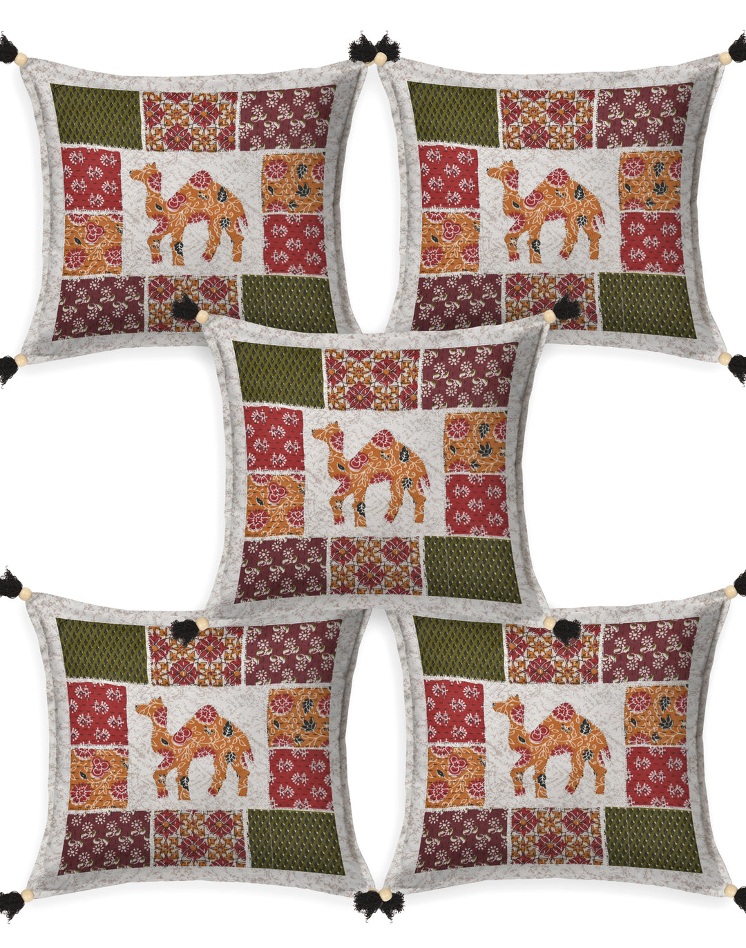 Living Roots Camel Patchwork Cotton Cushion Cover- Set of 5 (40-026-B)