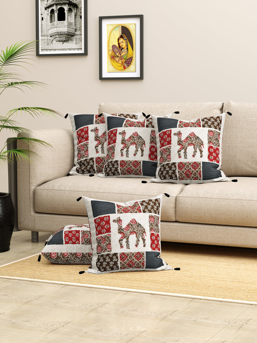 Living Roots Camel Patchwork Cotton Cushion Cover- Set of 5 (40-026-C)