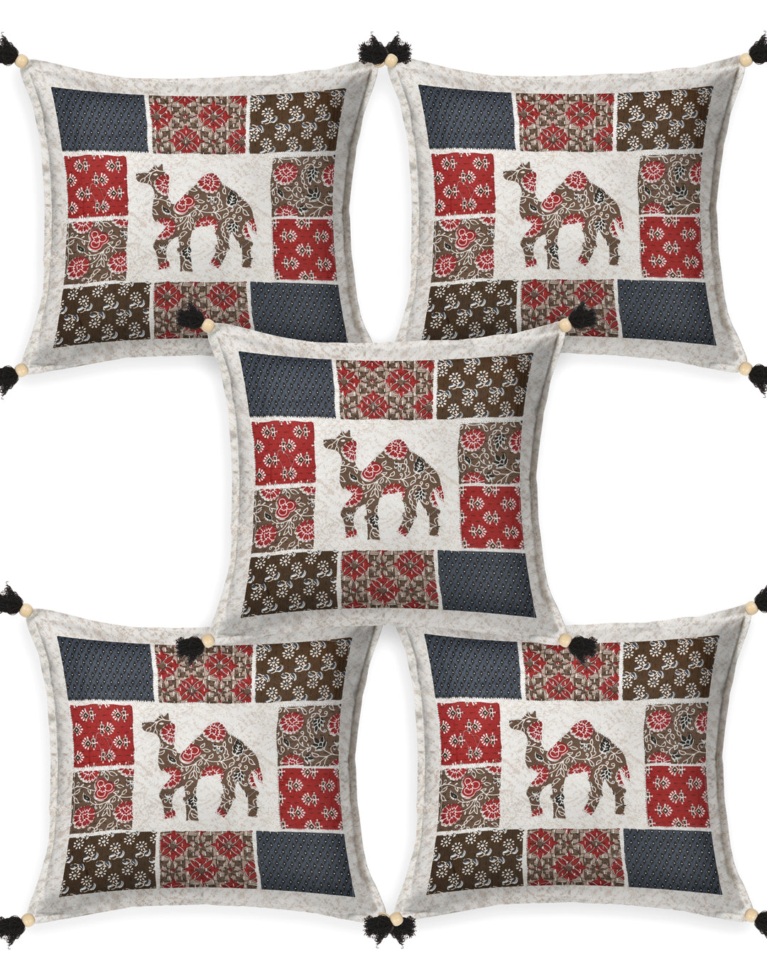 Living Roots Camel Patchwork Cotton Cushion Cover- Set of 5 (40-026-C)