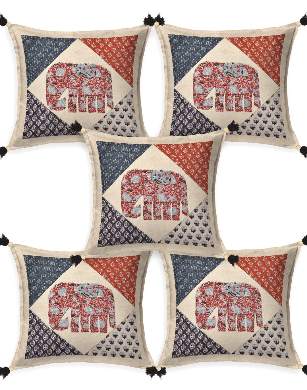 Living Roots Elephant Patchwork Cotton Cushion Cover- Set of 5 (40-028-A)