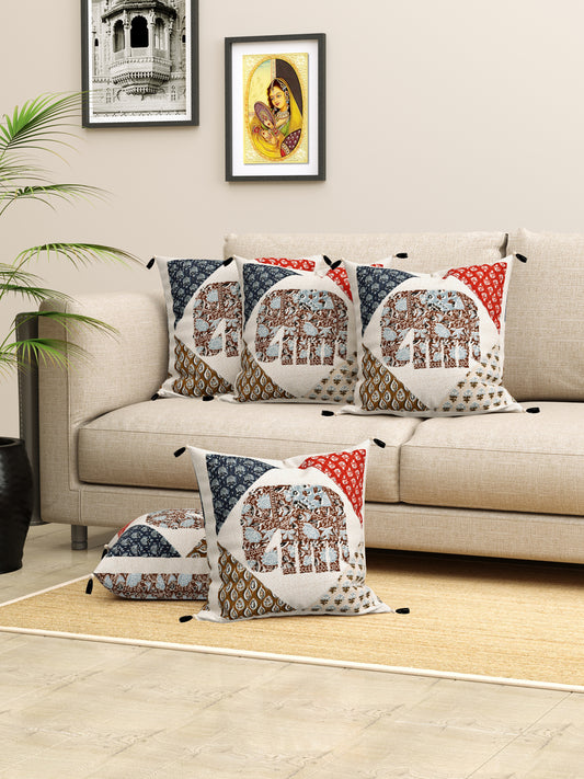 Living Roots Elephant Patchwork Cotton Cushion Cover- Set of 5 (40-028-B)