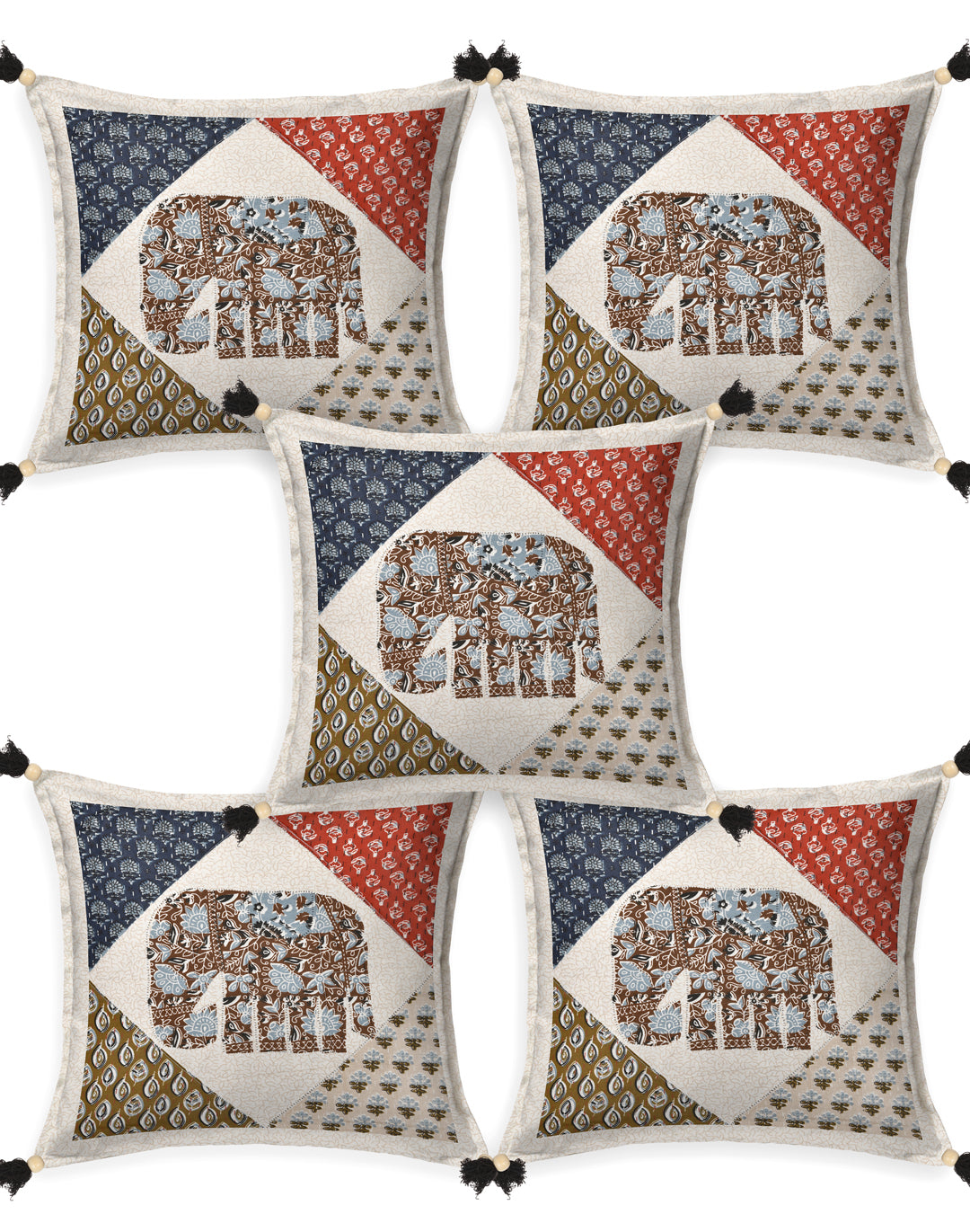 Living Roots Elephant Patchwork Cotton Cushion Cover- Set of 5 (40-028-B)