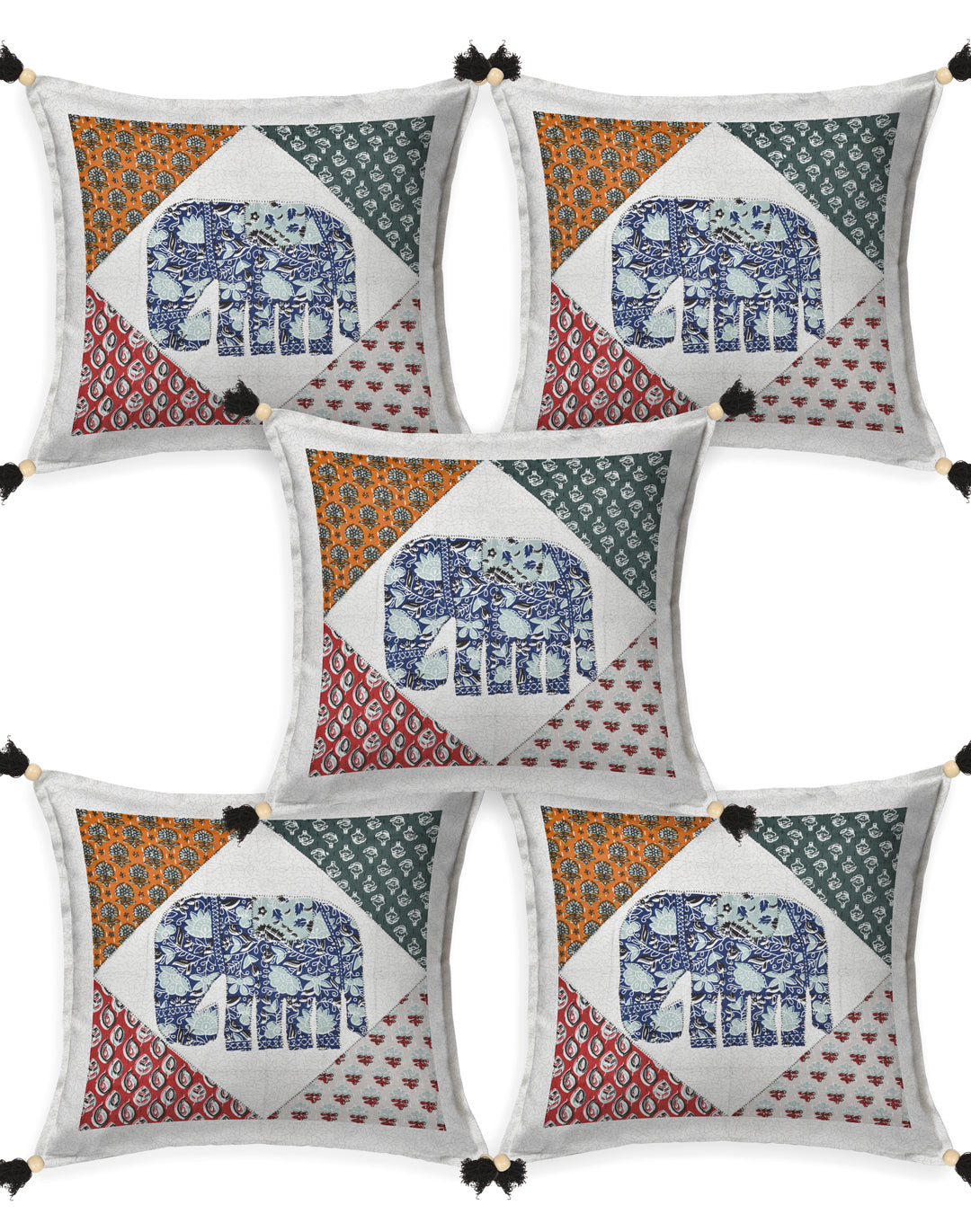 Living Roots Elephant Patchwork Cotton Cushion Cover- Set of 5 (40-028-C)