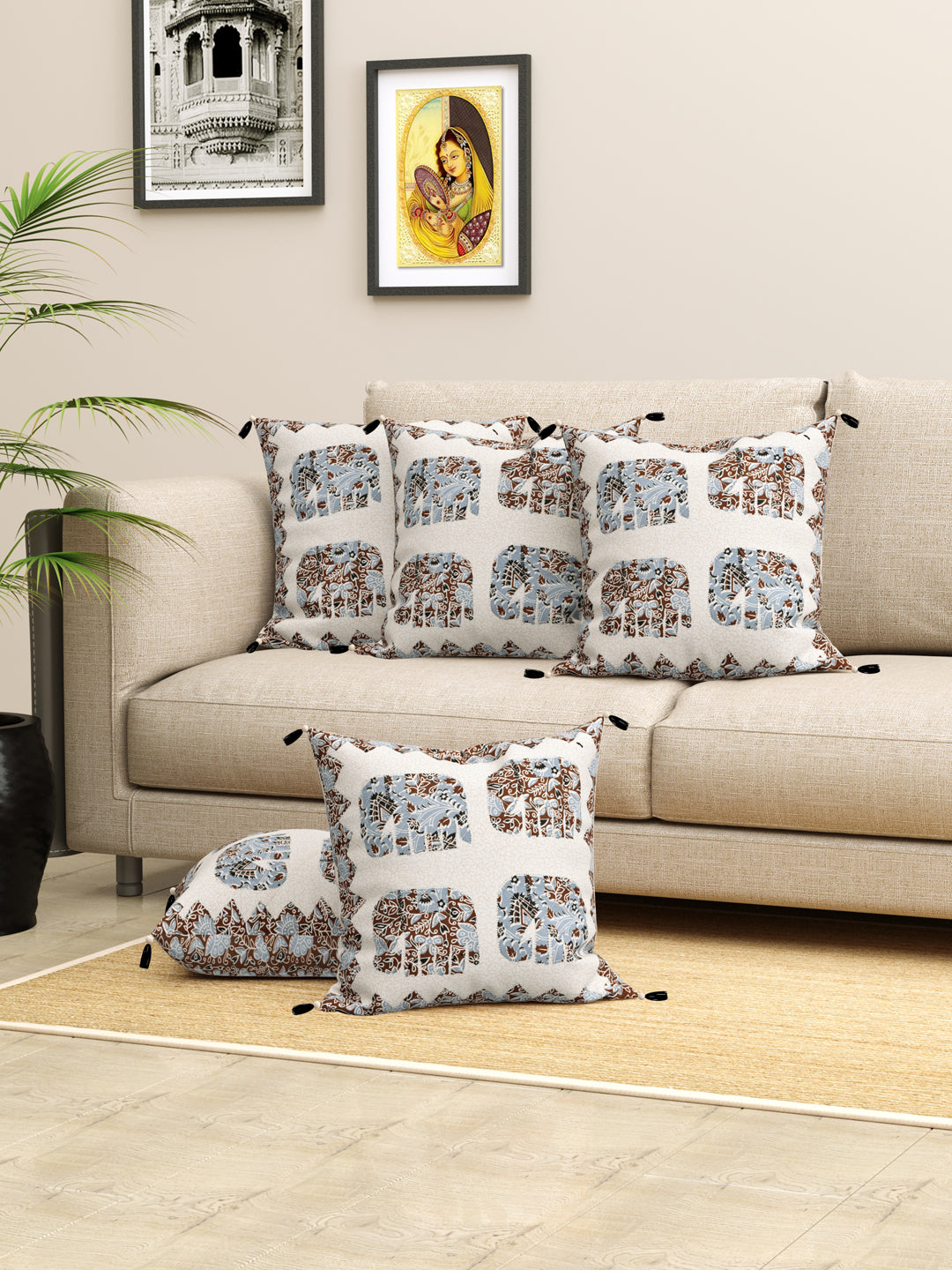 Living Roots Elephant Patchwork Cotton Cushion Cover- Set of 5 (40-029-B)