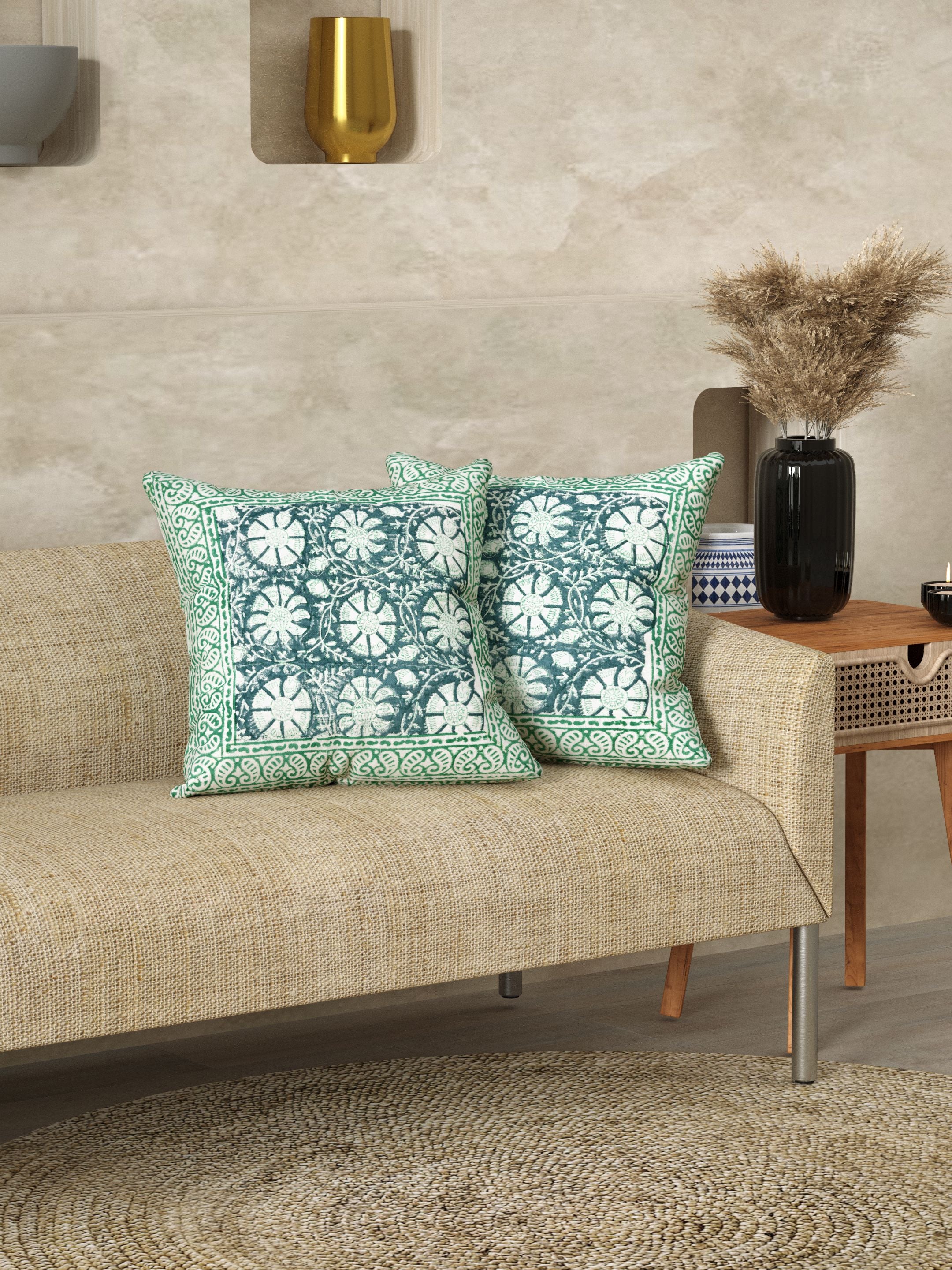 LIVING ROOTS Slub Cotton Block Printed Cushion Covers - 2 Piece Set (Green) | Traditional Floral Mandala Design | Decorative Sofa & Living Room Cushion Covers | 16x16 Inches (40-041-2PC)