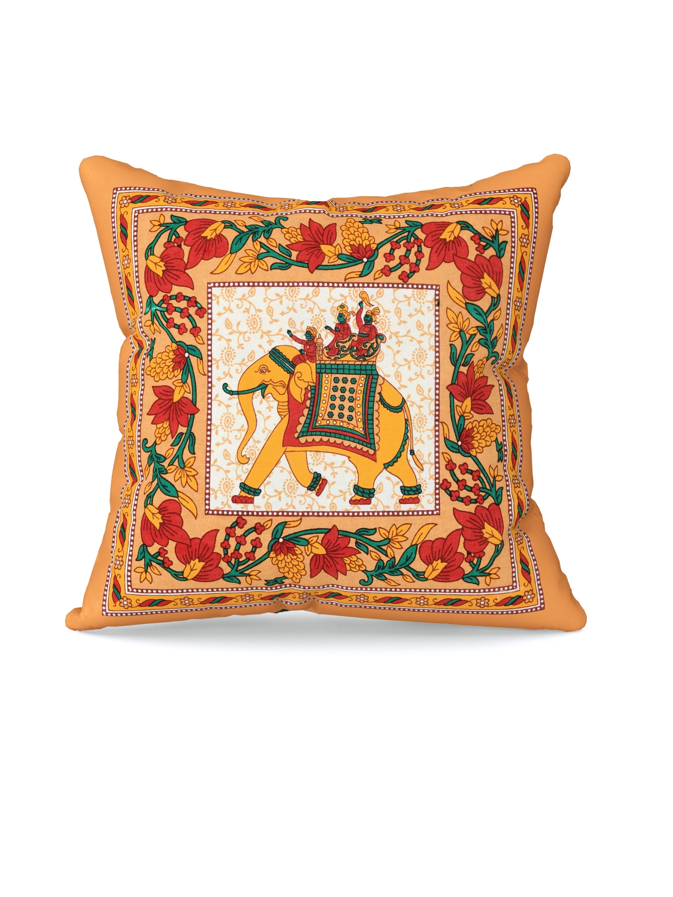 LIVING ROOTS Cotton Block Printed Cushion Covers - 5 Piece Set (Orange) | Traditional Elephant Design | Decorative Sofa & Living Room Cushion Covers | 16x16 Inches (40-042-A)