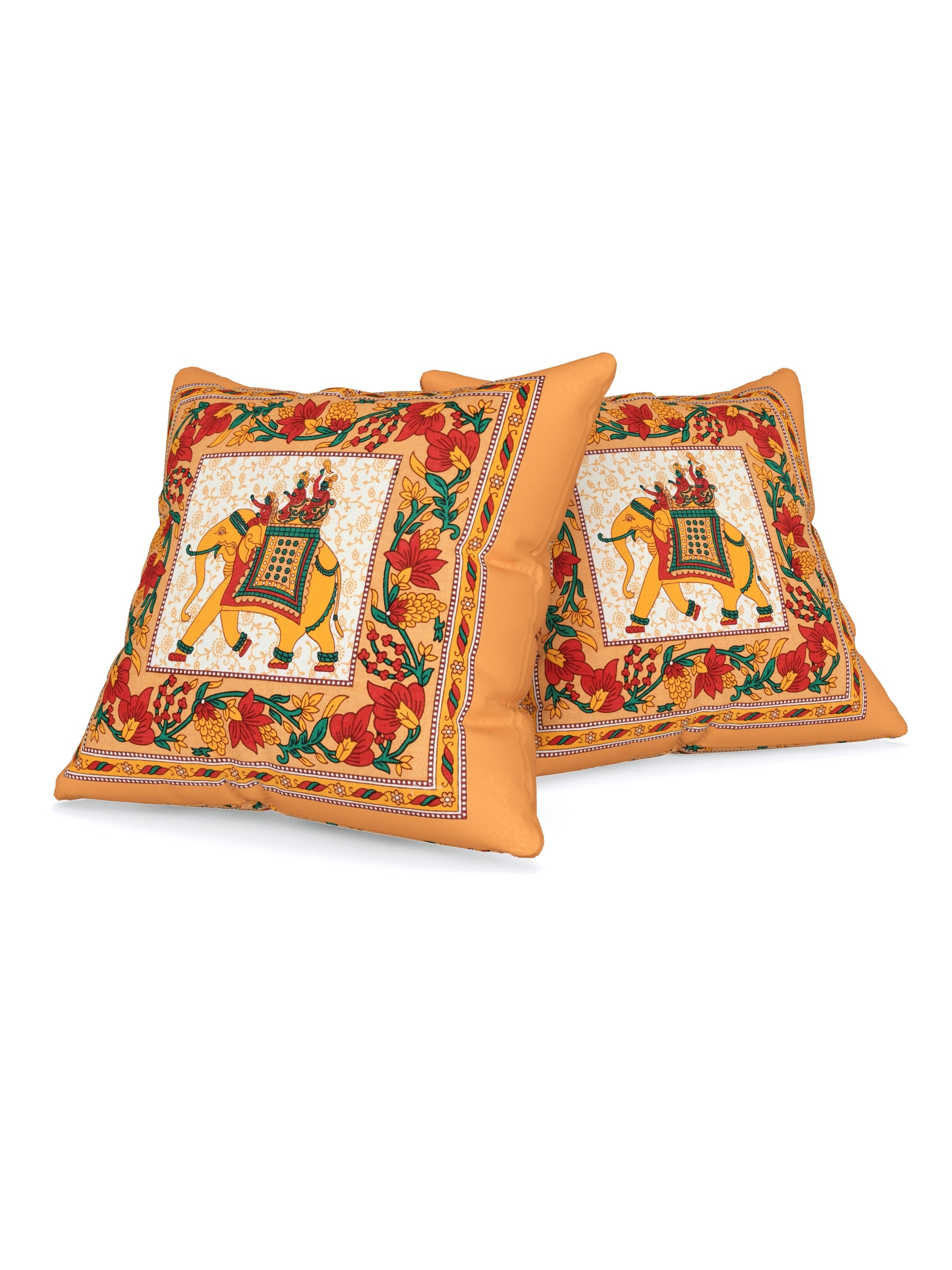 LIVING ROOTS Cotton Block Printed Cushion Covers - 5 Piece Set (Orange) | Traditional Elephant Design | Decorative Sofa & Living Room Cushion Covers | 16x16 Inches (40-042-A)