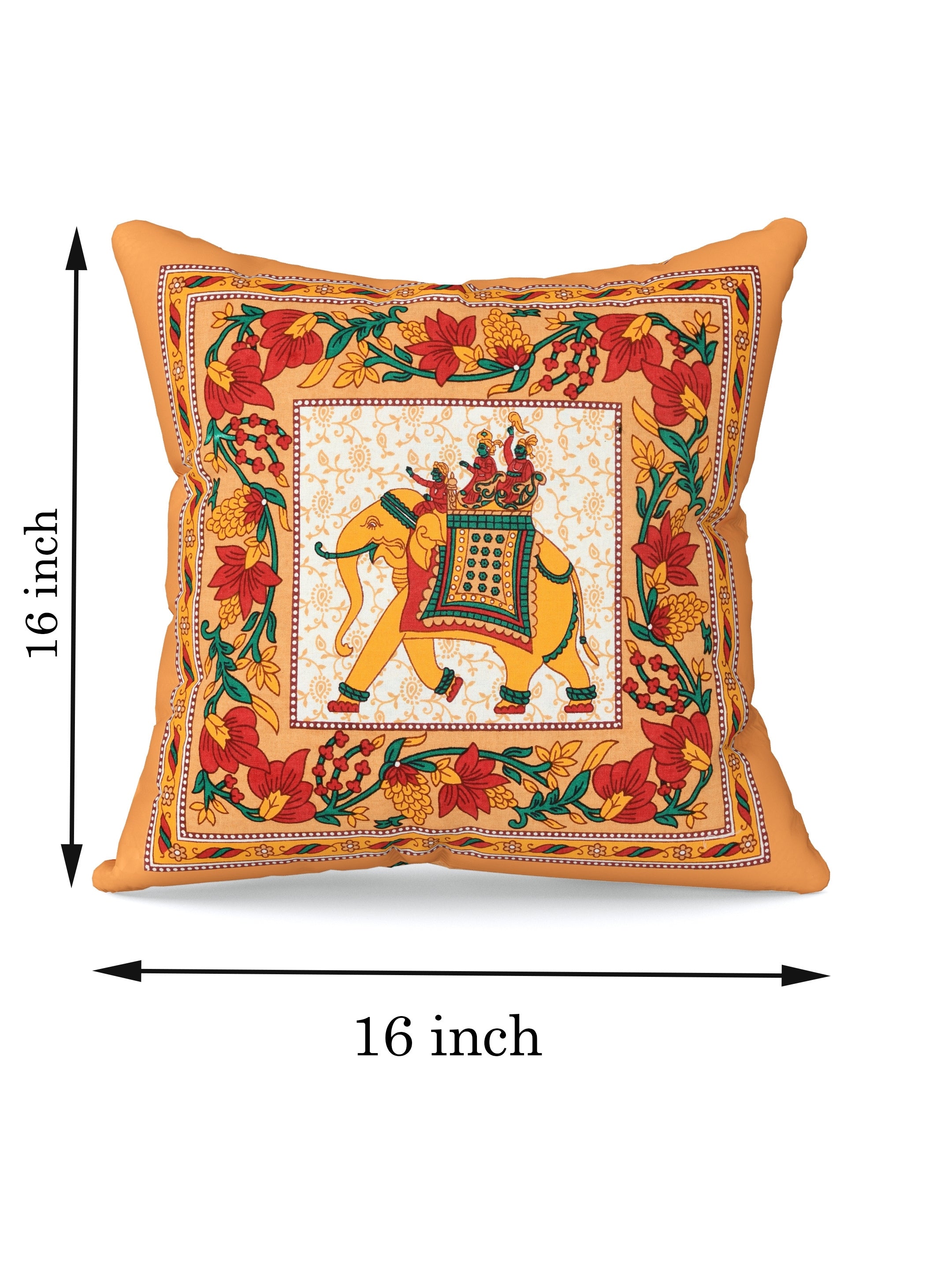 LIVING ROOTS Cotton Block Printed Cushion Covers - 5 Piece Set (Orange) | Traditional Elephant Design | Decorative Sofa & Living Room Cushion Covers | 16x16 Inches (40-042-A)