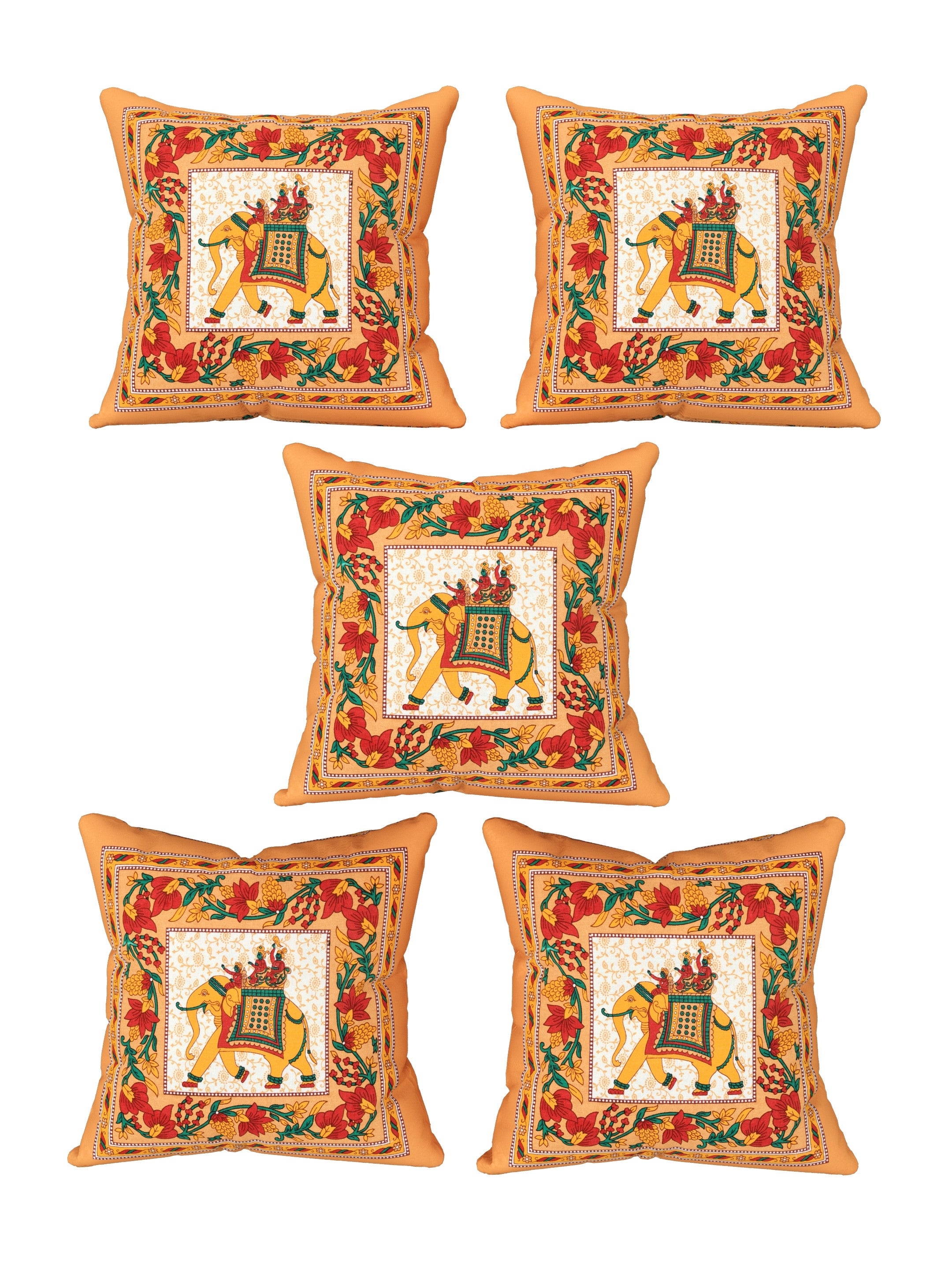 LIVING ROOTS Cotton Block Printed Cushion Covers - 5 Piece Set (Orange) | Traditional Elephant Design | Decorative Sofa & Living Room Cushion Covers | 16x16 Inches (40-042-A)