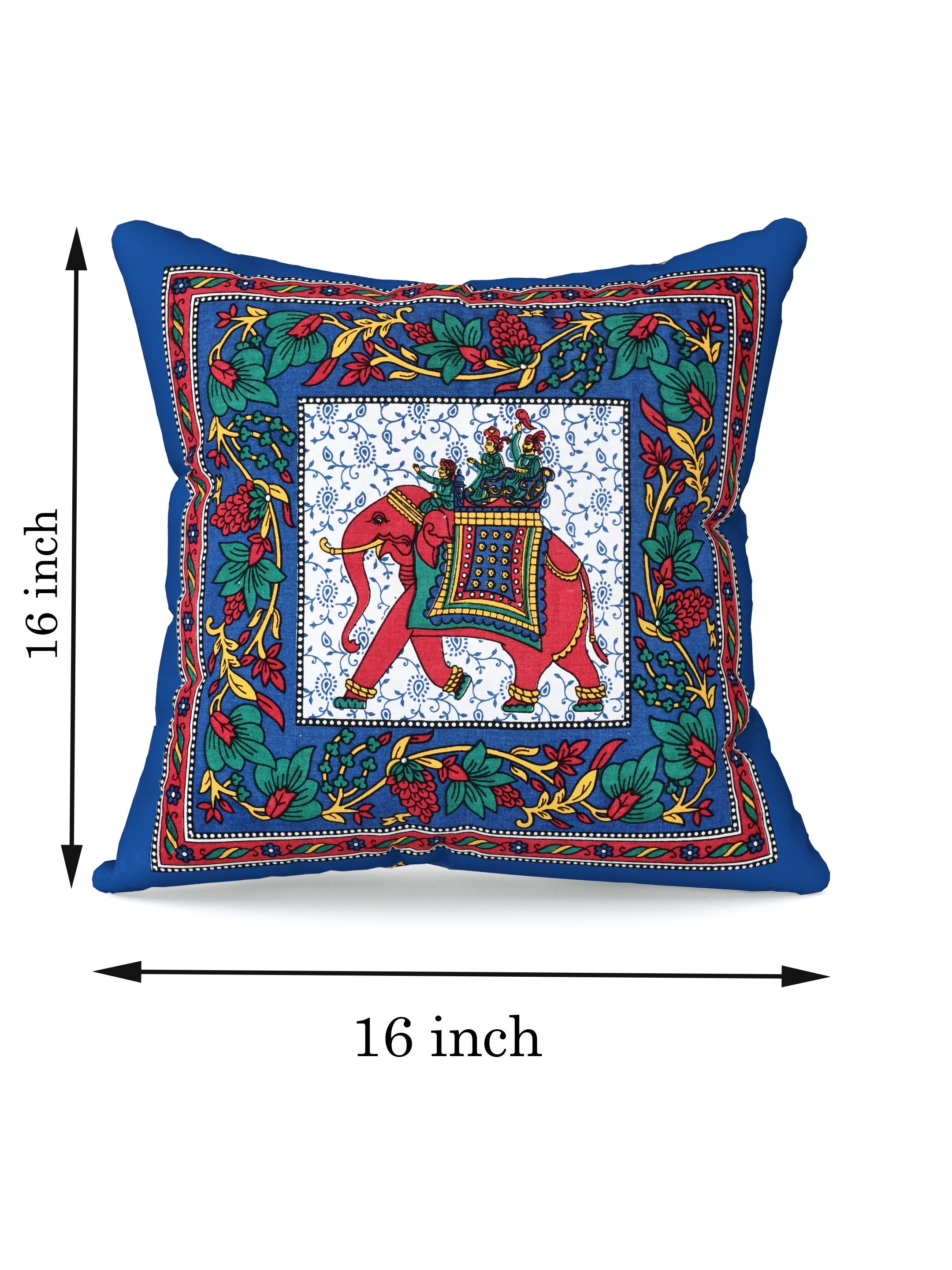 LIVING ROOTS Cotton Block Printed Cushion Covers - 5 Piece Set (Blue) | Traditional Elephant Design | Decorative Sofa & Living Room Cushion Covers | 16x16 Inches (40-042-B)