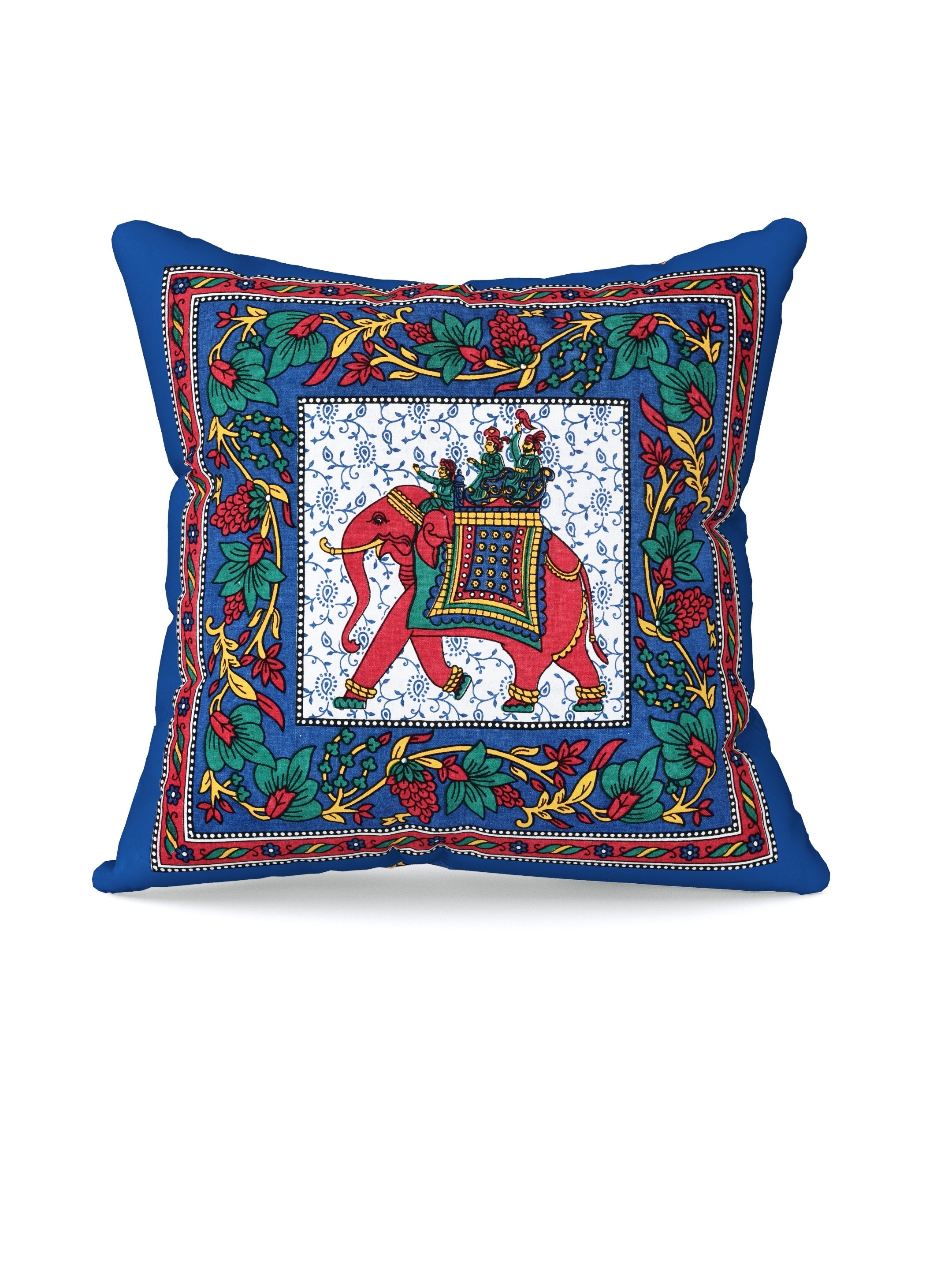 LIVING ROOTS Cotton Block Printed Cushion Covers - 5 Piece Set (Blue) | Traditional Elephant Design | Decorative Sofa & Living Room Cushion Covers | 16x16 Inches (40-042-B)