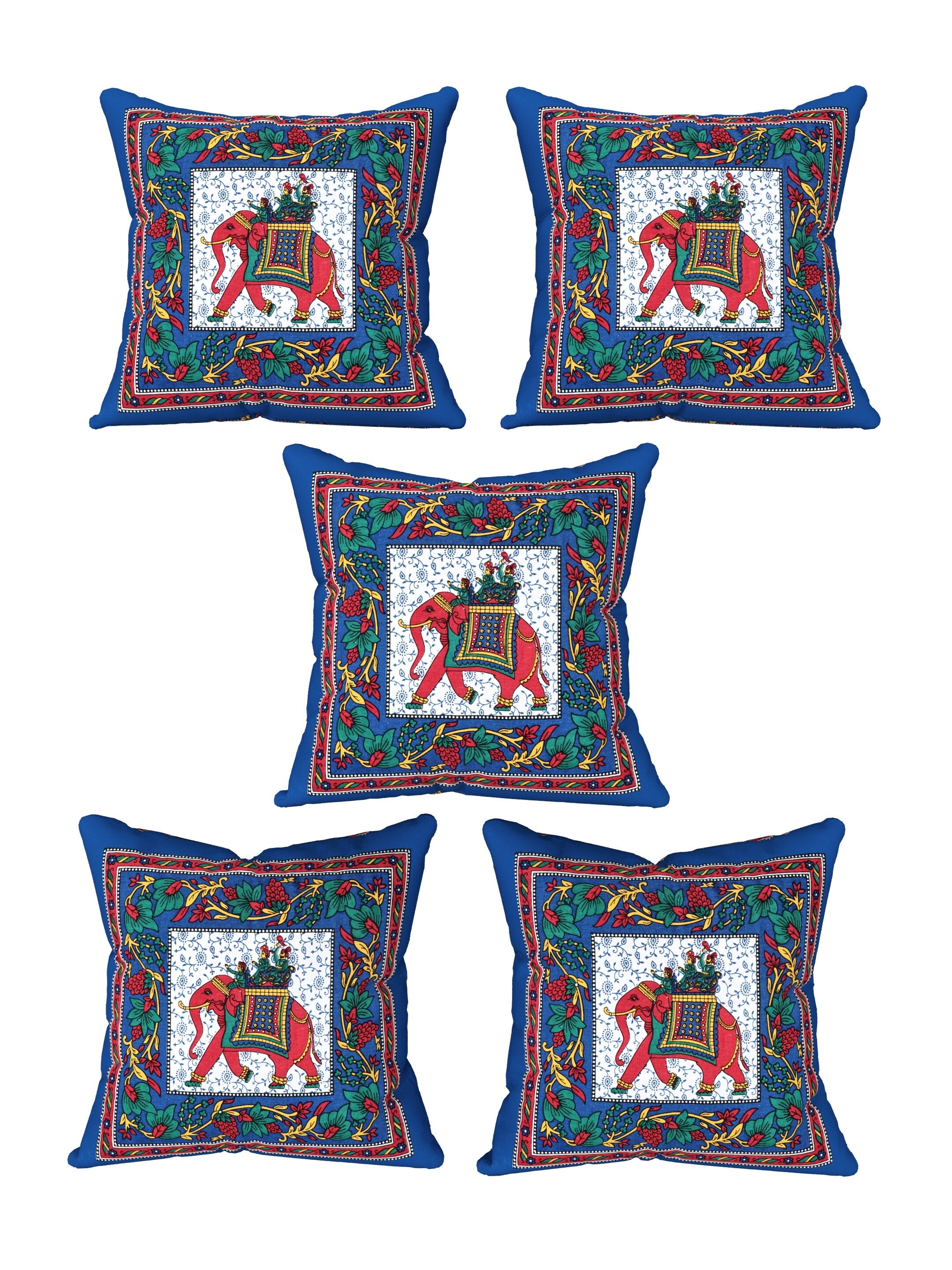 LIVING ROOTS Cotton Block Printed Cushion Covers - 5 Piece Set (Blue) | Traditional Elephant Design | Decorative Sofa & Living Room Cushion Covers | 16x16 Inches (40-042-B)