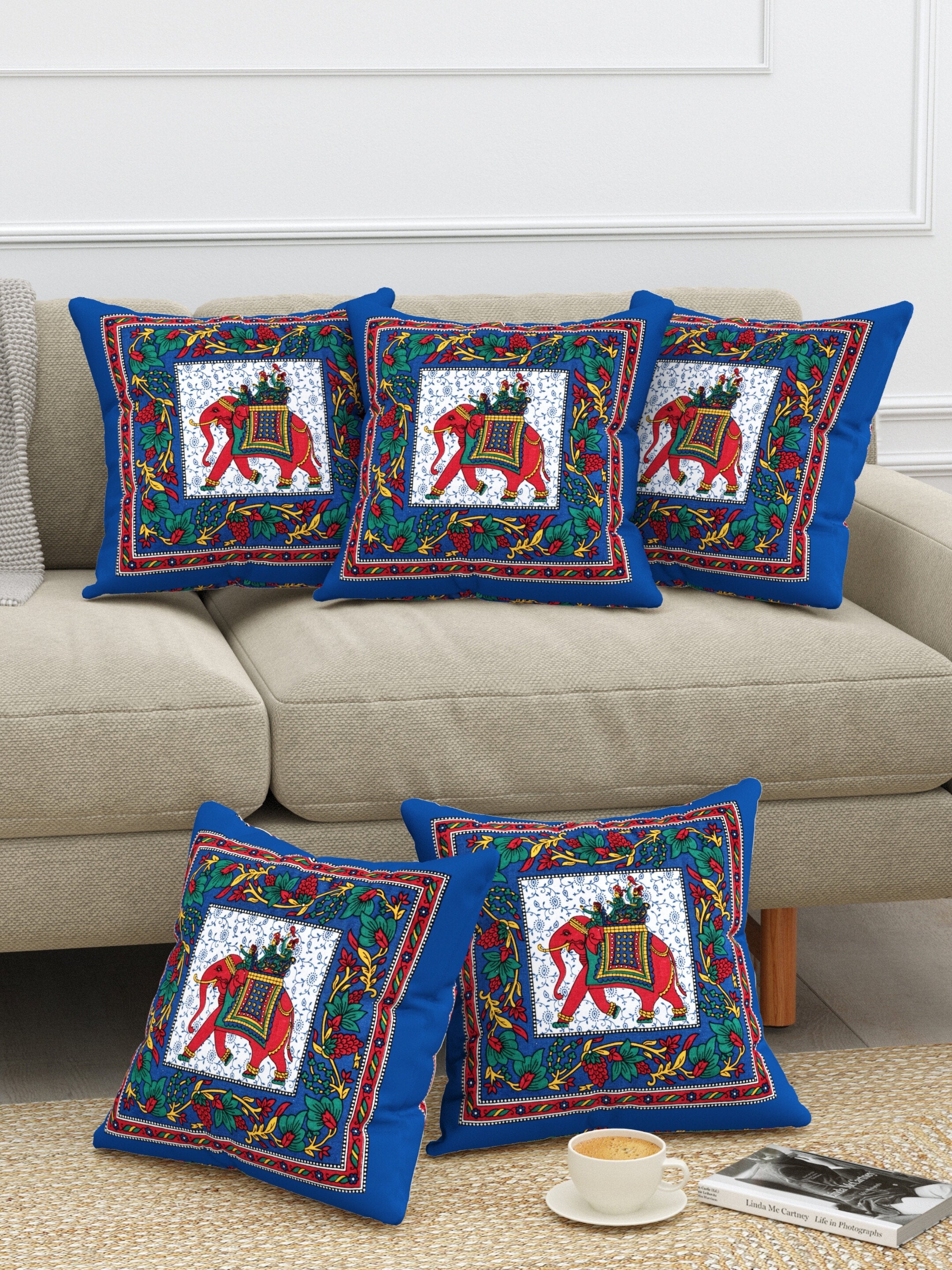 LIVING ROOTS Cotton Block Printed Cushion Covers - 5 Piece Set (Blue) | Traditional Elephant Design | Decorative Sofa & Living Room Cushion Covers | 16x16 Inches (40-042-B)