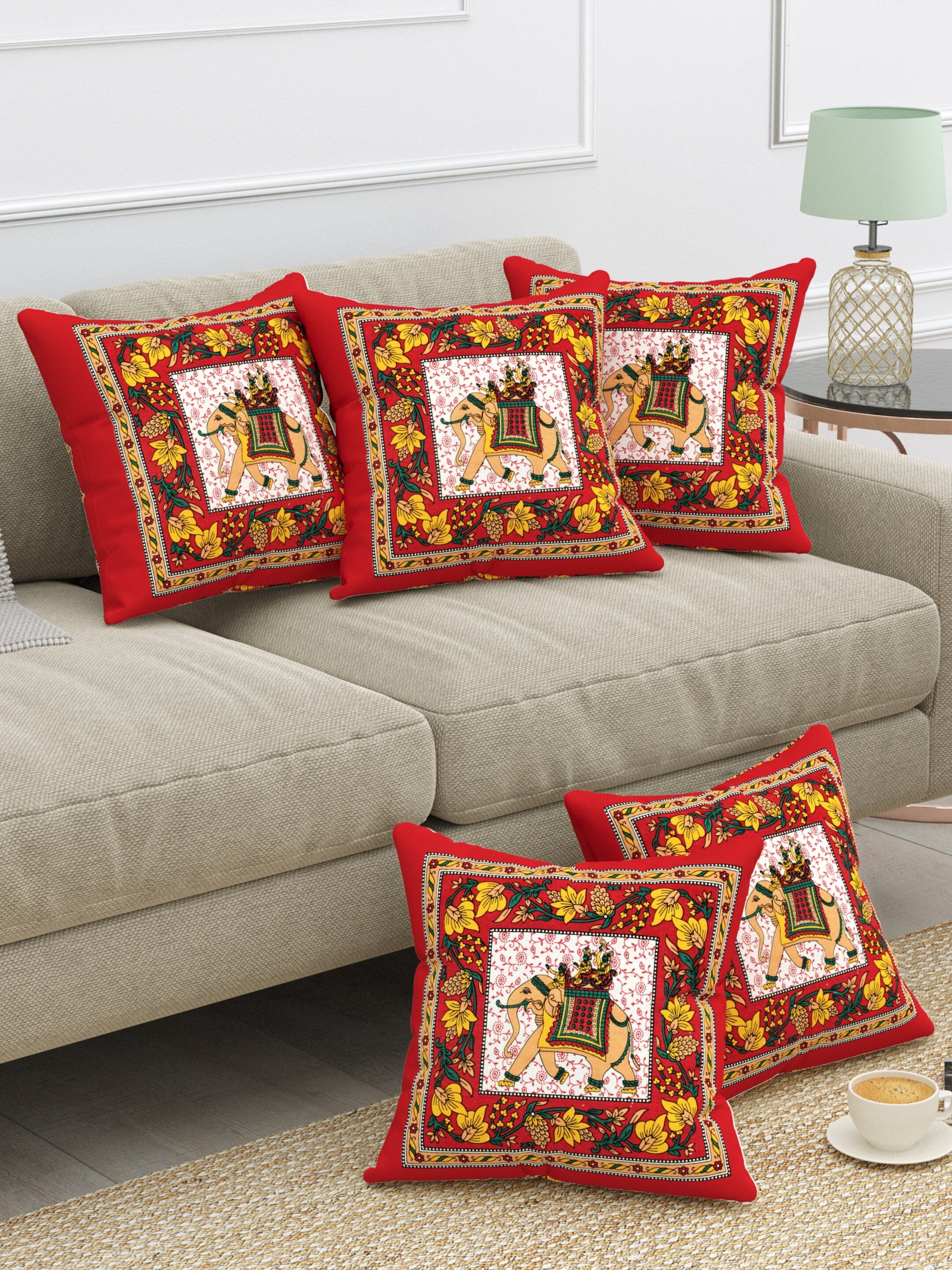 LIVING ROOTS Cotton Block Printed Cushion Covers - 5 Piece Set (Red) | Traditional Elephant Design | Decorative Sofa & Living Room Cushion Covers | 16x16 Inches (40-042-C)