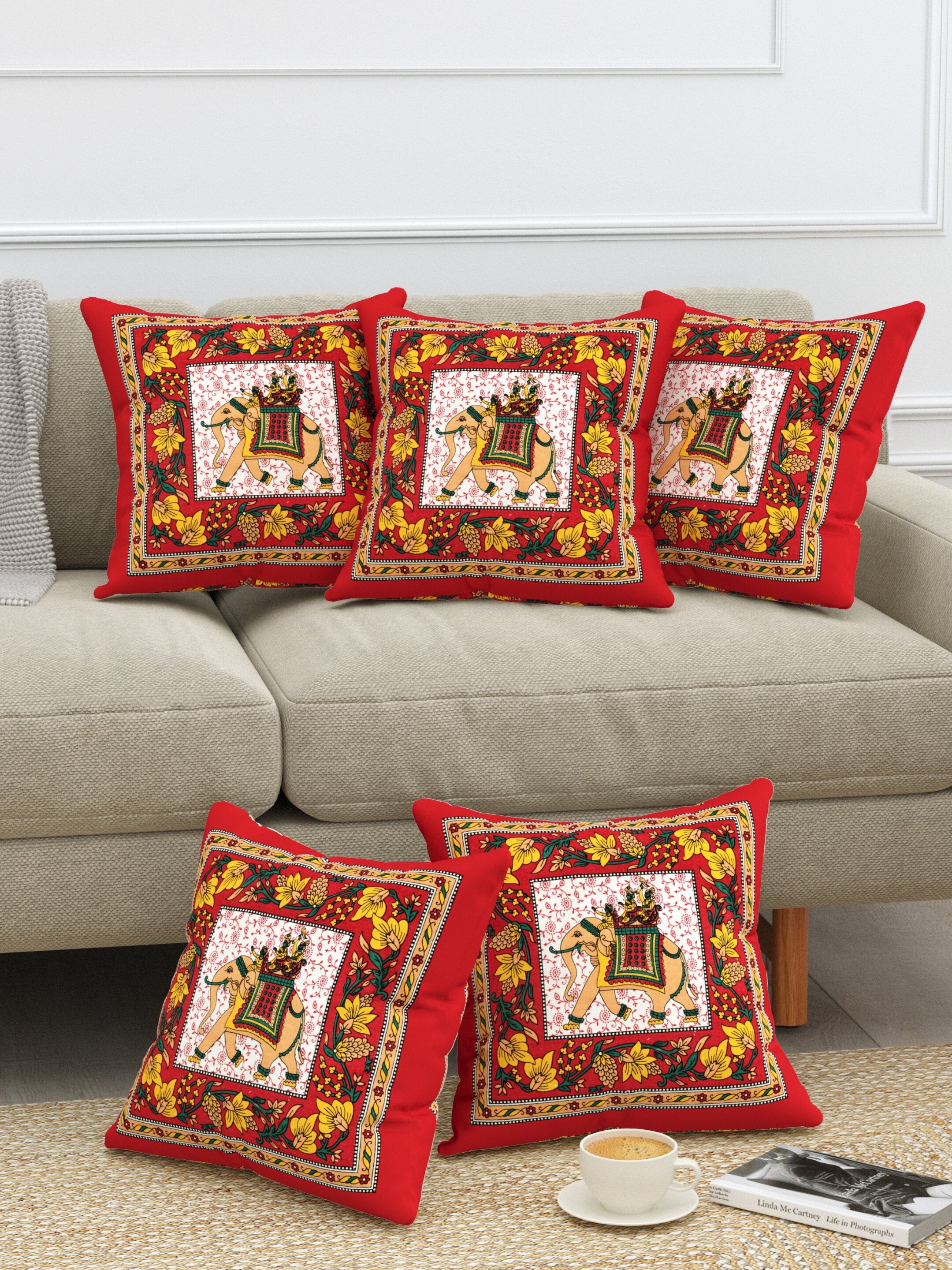 LIVING ROOTS Cotton Block Printed Cushion Covers - 5 Piece Set (Red) | Traditional Elephant Design | Decorative Sofa & Living Room Cushion Covers | 16x16 Inches (40-042-C)