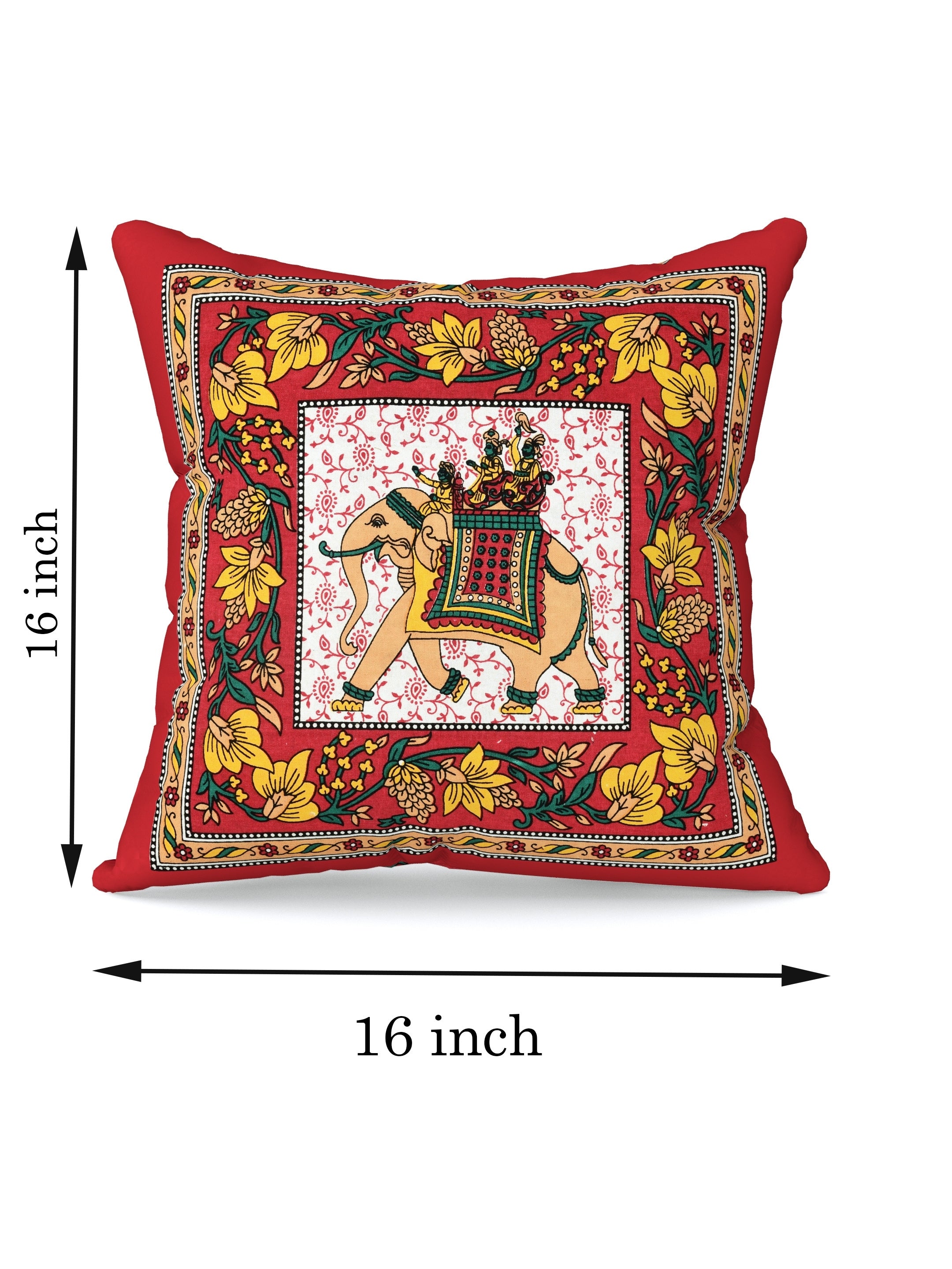 LIVING ROOTS Cotton Block Printed Cushion Covers - 5 Piece Set (Red) | Traditional Elephant Design | Decorative Sofa & Living Room Cushion Covers | 16x16 Inches (40-042-C)