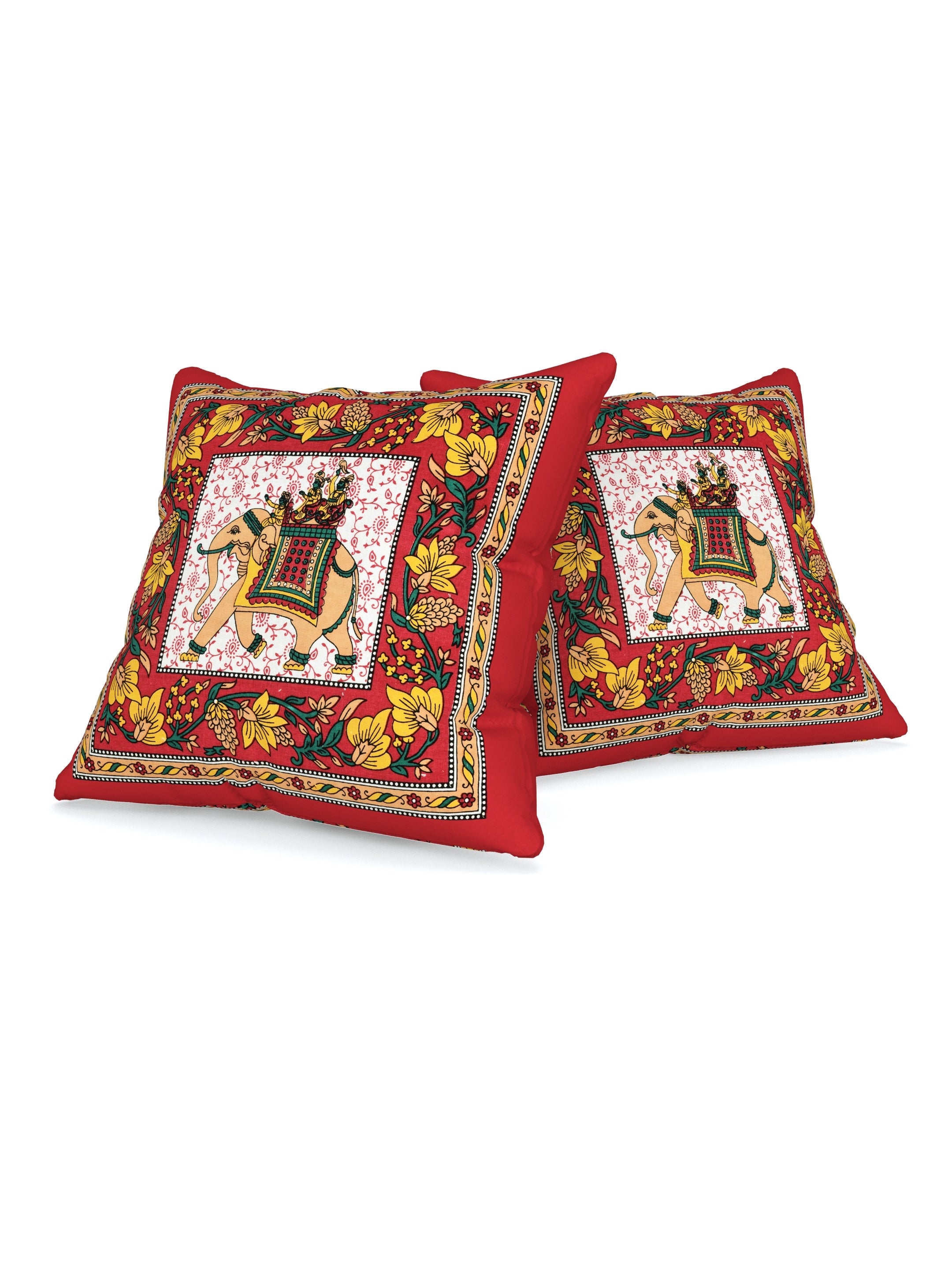 LIVING ROOTS Cotton Block Printed Cushion Covers - 5 Piece Set (Red) | Traditional Elephant Design | Decorative Sofa & Living Room Cushion Covers | 16x16 Inches (40-042-C)