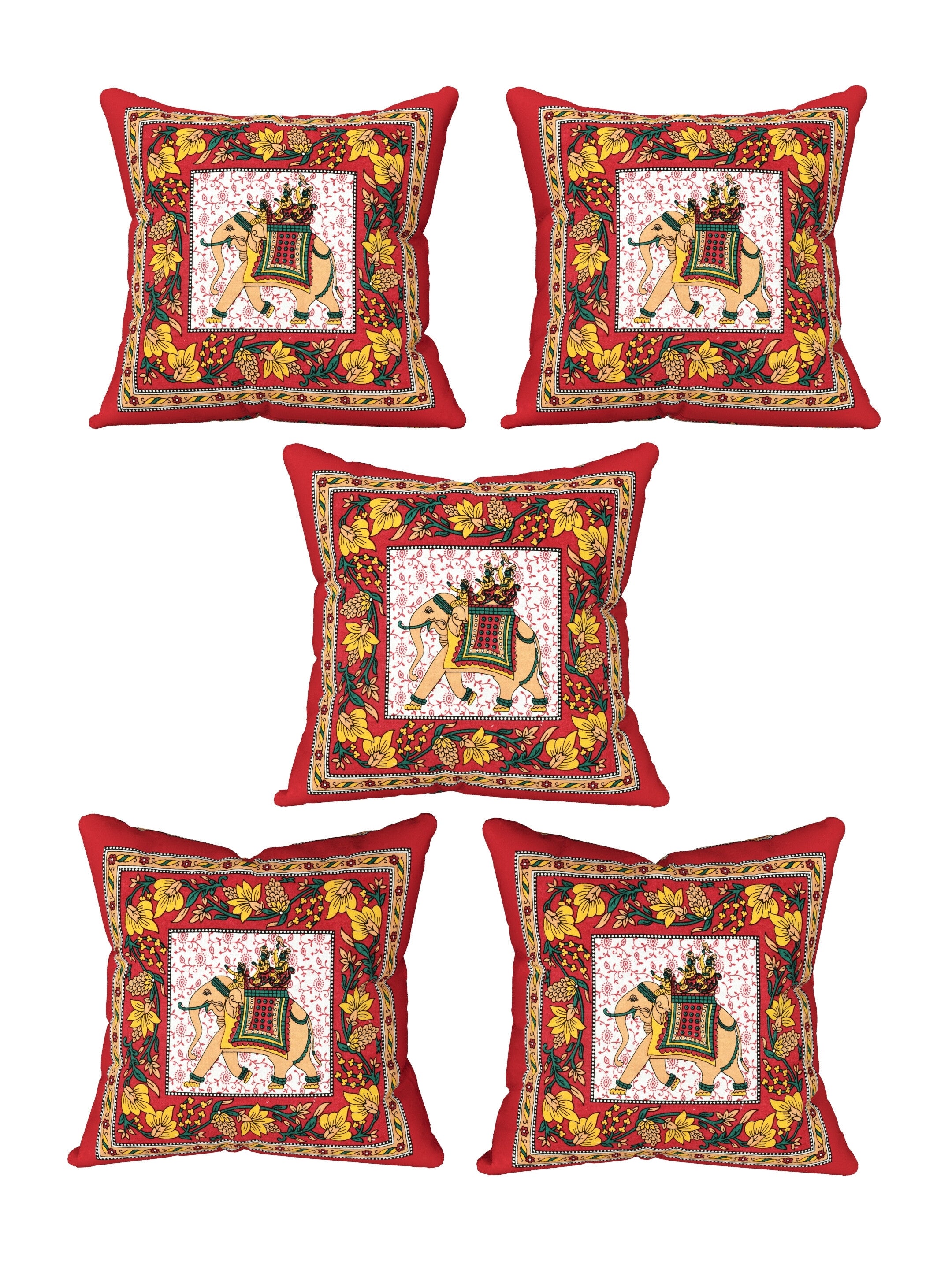 LIVING ROOTS Cotton Block Printed Cushion Covers - 5 Piece Set (Red) | Traditional Elephant Design | Decorative Sofa & Living Room Cushion Covers | 16x16 Inches (40-042-C)