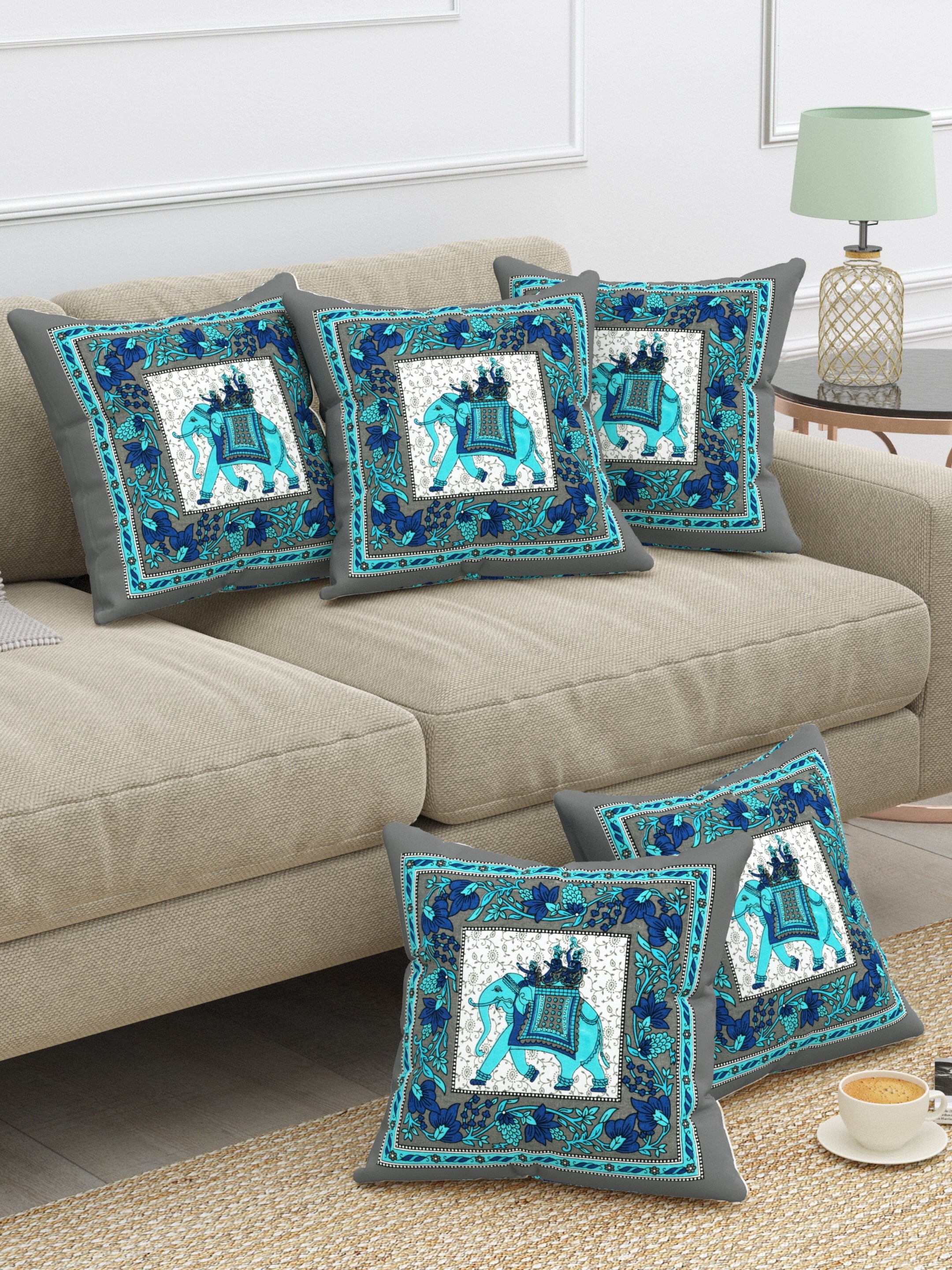 LIVING ROOTS Cotton Block Printed Cushion Covers - 5 Piece Set (Grey & Blue) | Traditional Elephant Design | Decorative Sofa & Living Room Cushion Covers | 16x16 Inches (40-042-D)