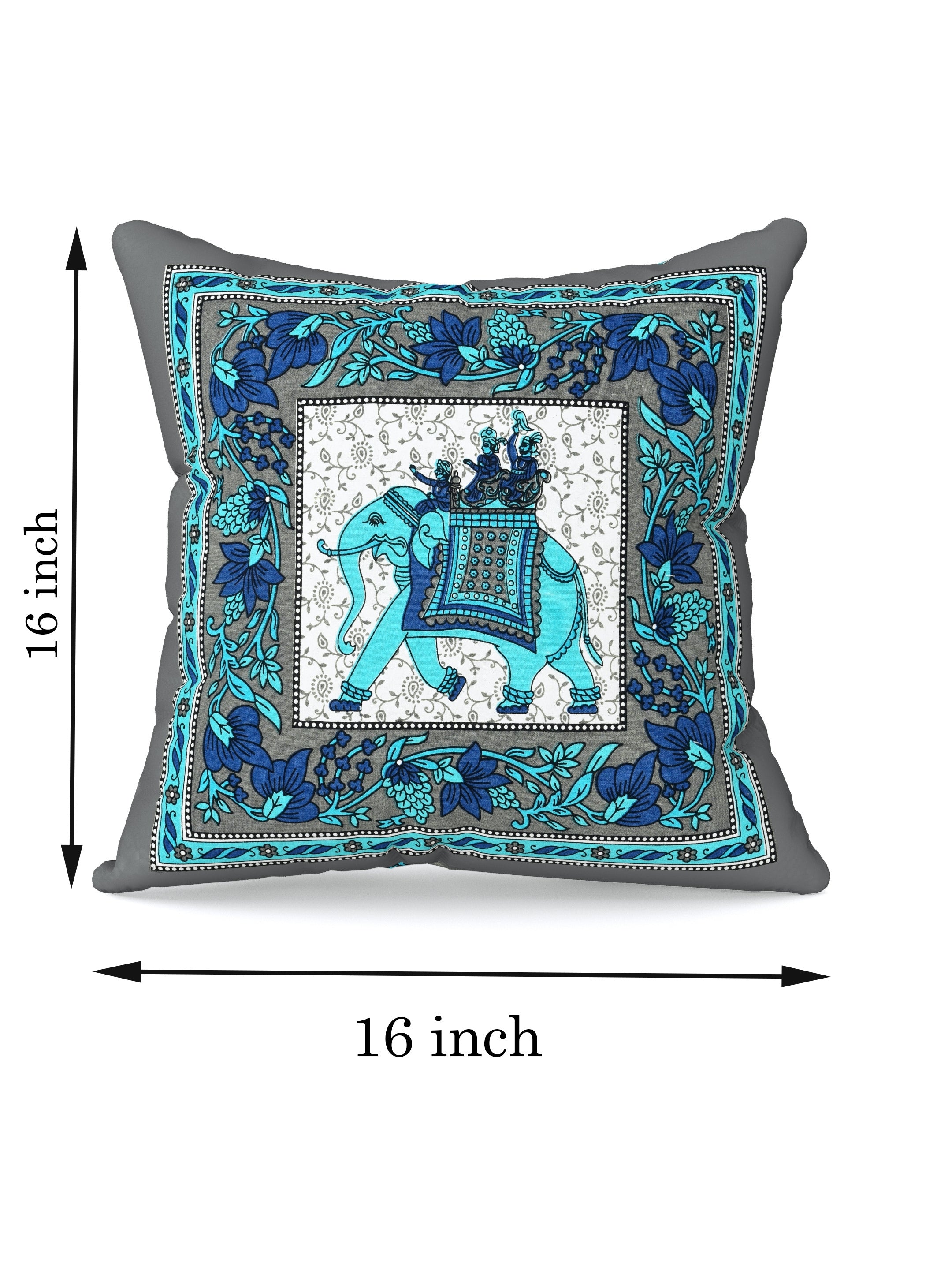 LIVING ROOTS Cotton Block Printed Cushion Covers - 5 Piece Set (Grey & Blue) | Traditional Elephant Design | Decorative Sofa & Living Room Cushion Covers | 16x16 Inches (40-042-D)