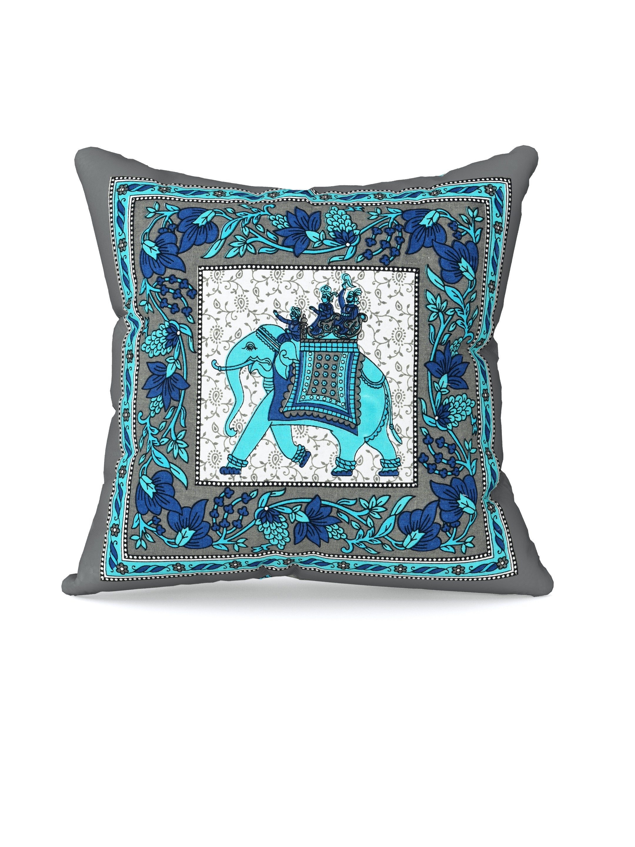 LIVING ROOTS Cotton Block Printed Cushion Covers - 5 Piece Set (Grey & Blue) | Traditional Elephant Design | Decorative Sofa & Living Room Cushion Covers | 16x16 Inches (40-042-D)