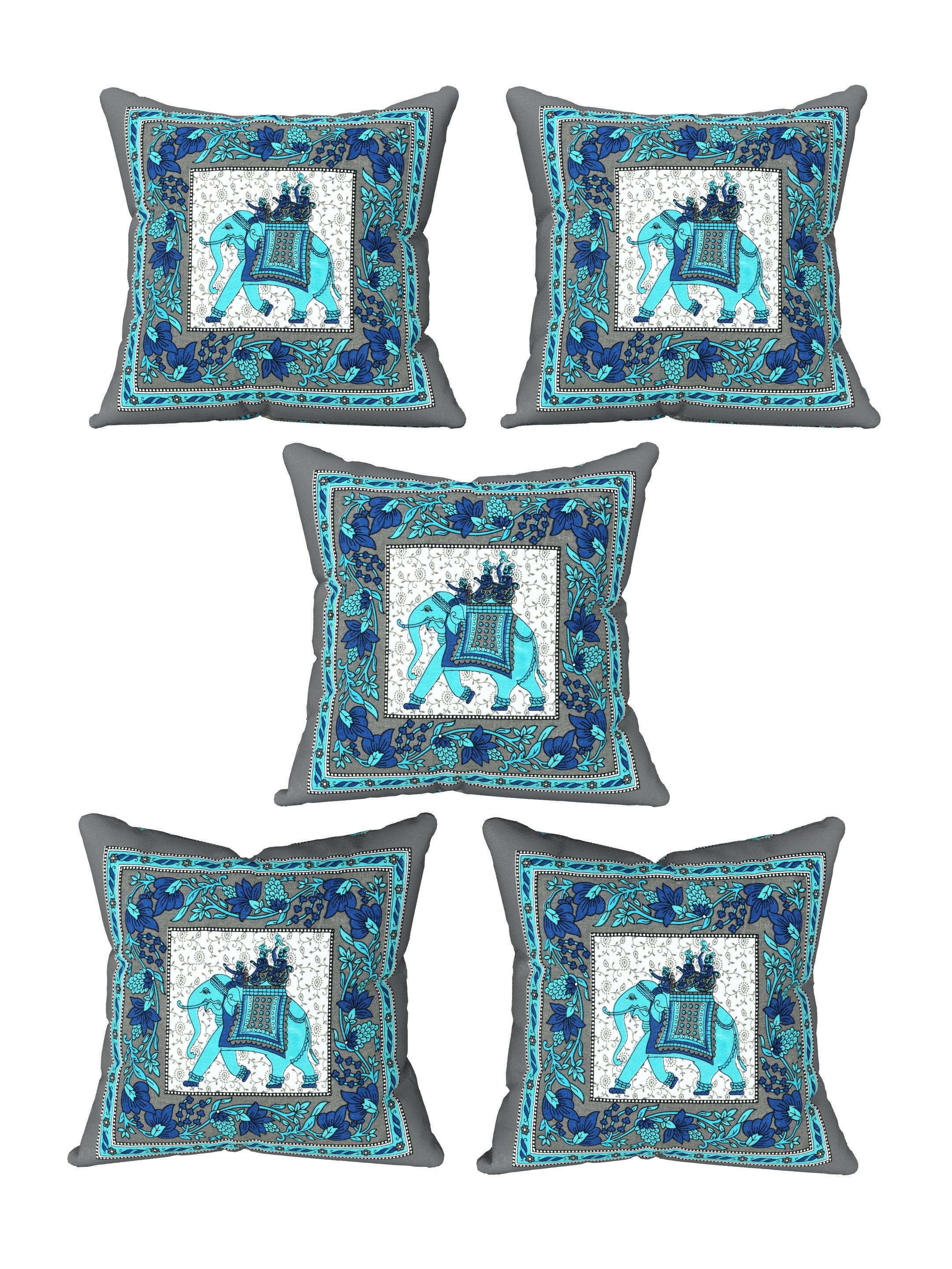 LIVING ROOTS Cotton Block Printed Cushion Covers - 5 Piece Set (Grey & Blue) | Traditional Elephant Design | Decorative Sofa & Living Room Cushion Covers | 16x16 Inches (40-042-D)