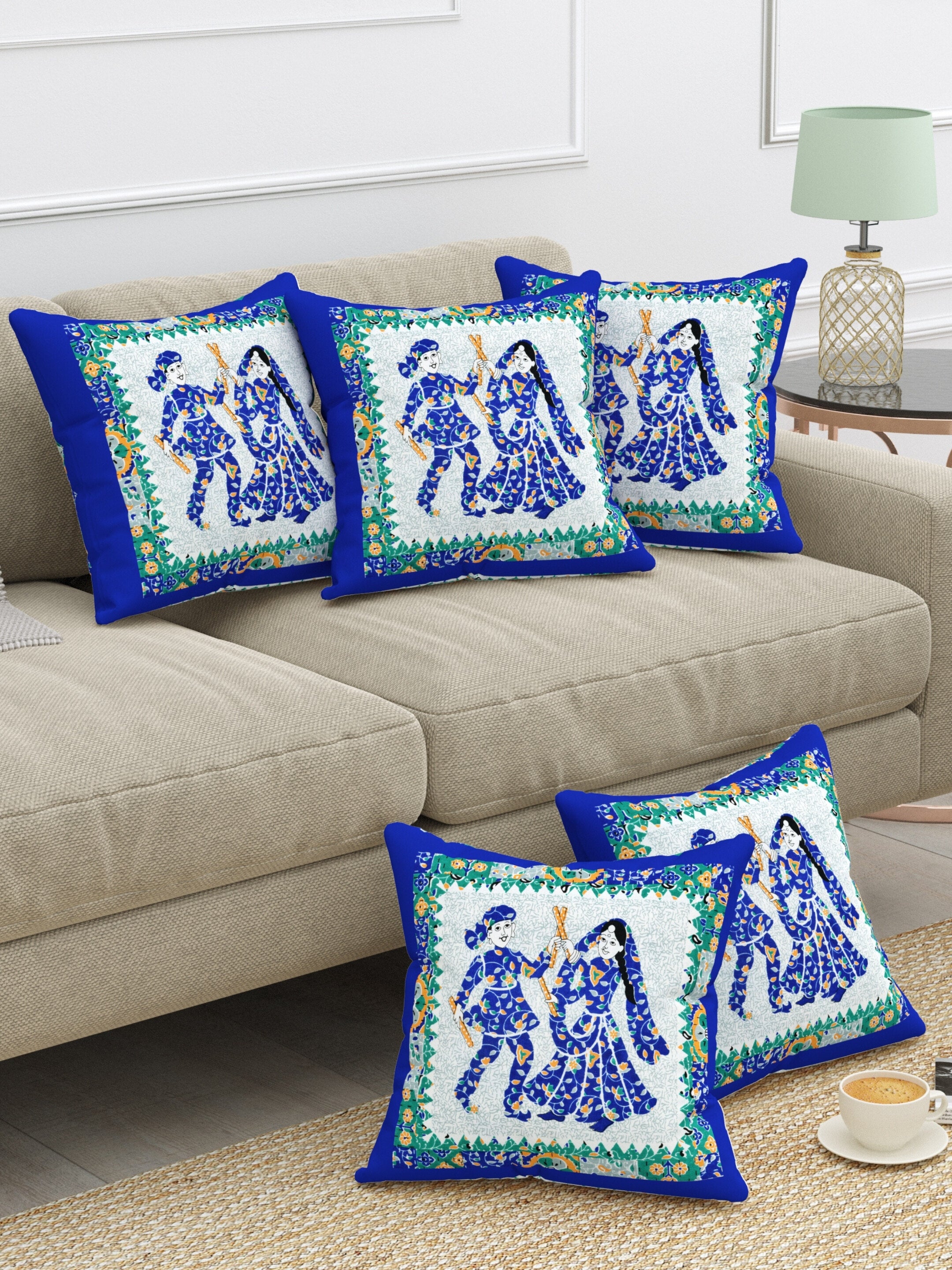 LIVING ROOTS Cotton Block Printed Cushion Cover – 5 Piece (Royal Blue) | Traditional Folk Dance Design | Decorative Sofa & Living Room Cushion Cover | 16x16 Inches (40-043-A)