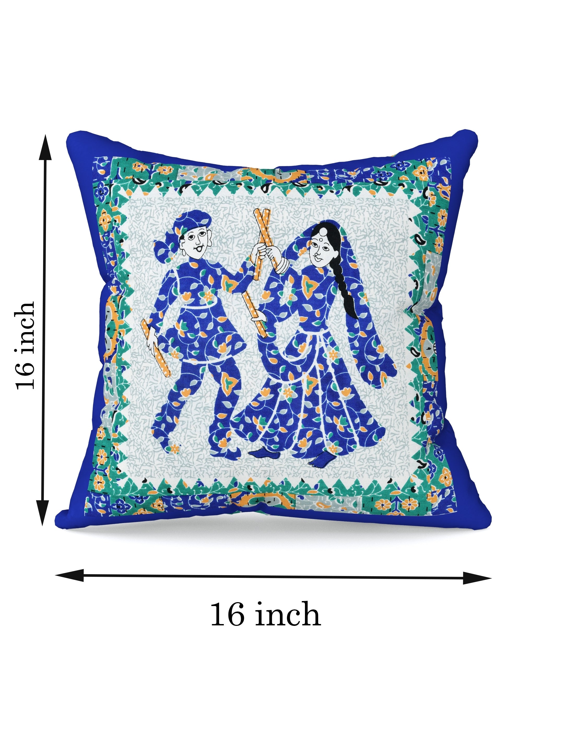LIVING ROOTS Cotton Block Printed Cushion Cover – 5 Piece (Royal Blue) | Traditional Folk Dance Design | Decorative Sofa & Living Room Cushion Cover | 16x16 Inches (40-043-A)
