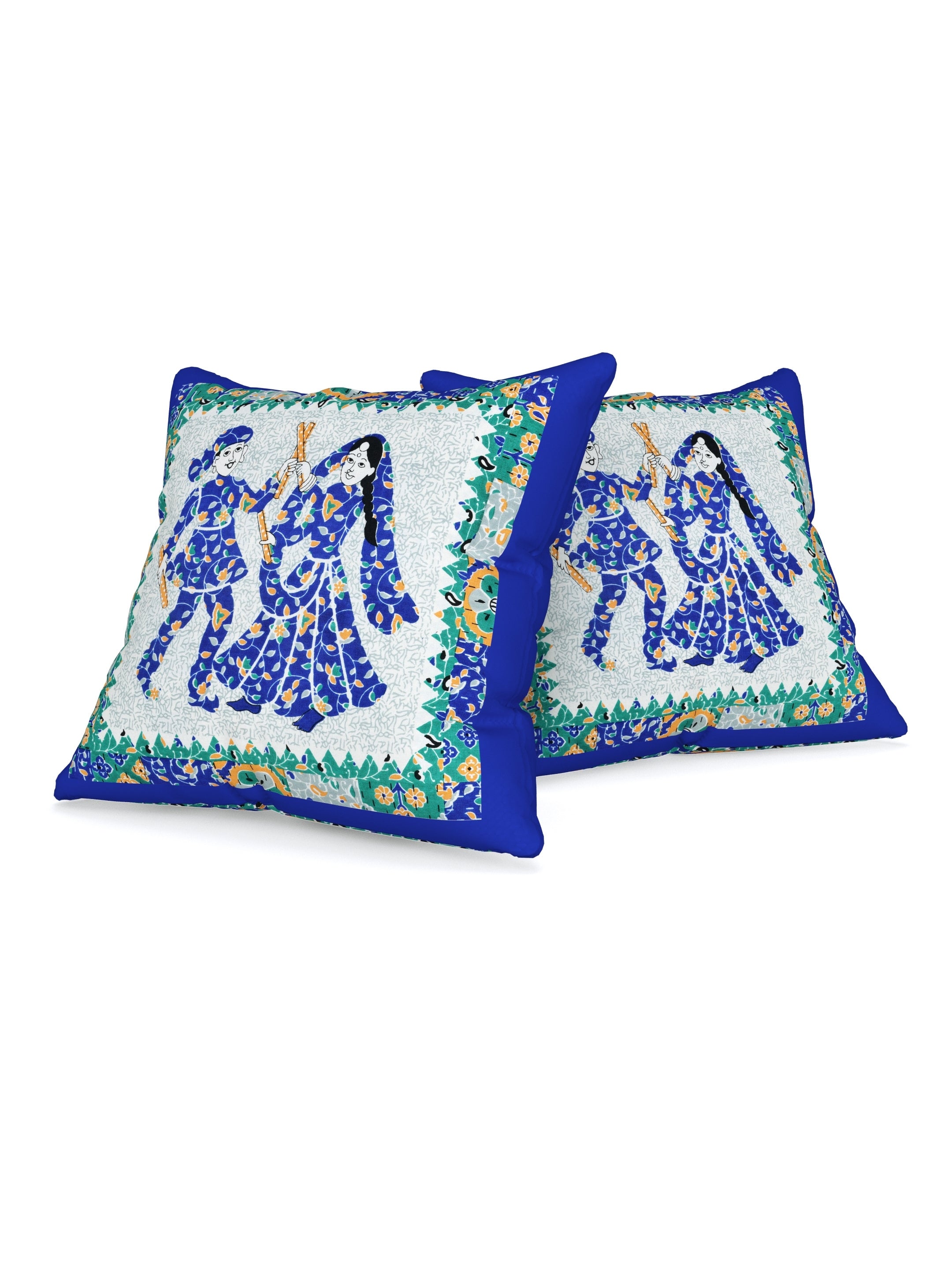 LIVING ROOTS Cotton Block Printed Cushion Cover – 5 Piece (Royal Blue) | Traditional Folk Dance Design | Decorative Sofa & Living Room Cushion Cover | 16x16 Inches (40-043-A)
