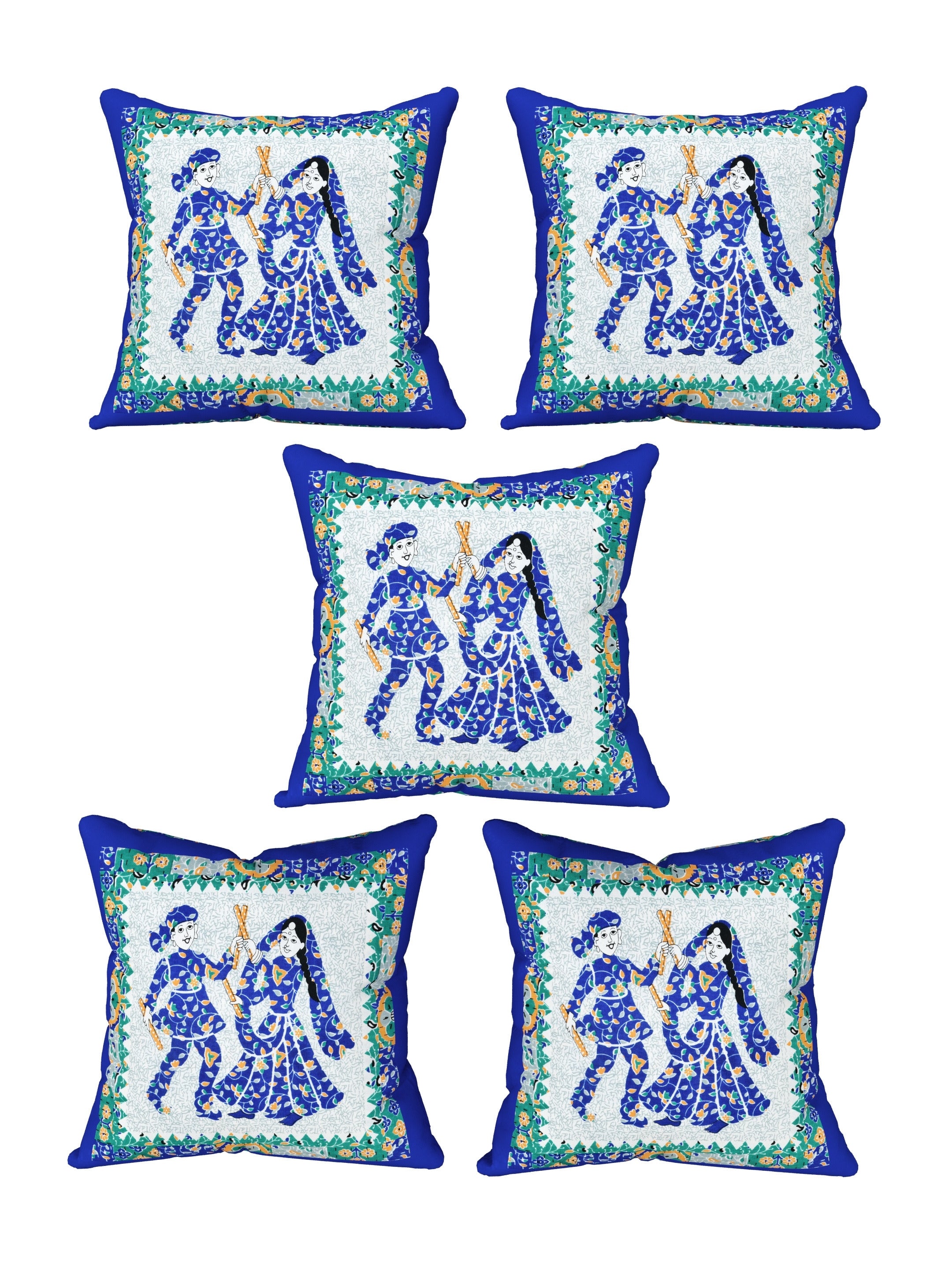 LIVING ROOTS Cotton Block Printed Cushion Cover – 5 Piece (Royal Blue) | Traditional Folk Dance Design | Decorative Sofa & Living Room Cushion Cover | 16x16 Inches (40-043-A)