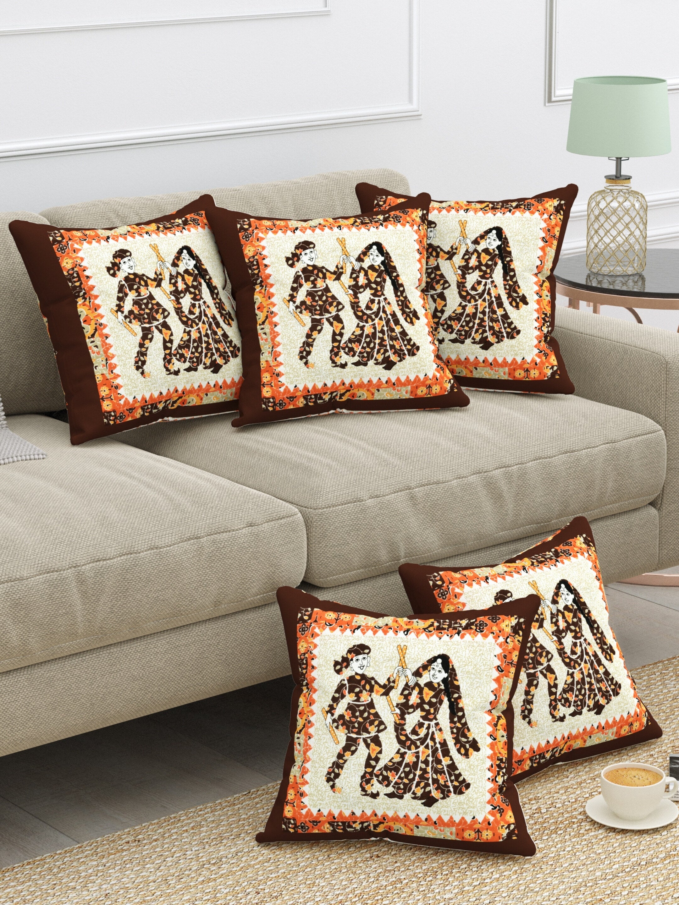 LIVING ROOTS Cotton Block Printed Cushion Cover – 5 Piece (Brown & Orange) | Traditional Folk Dance Design | Decorative Sofa & Living Room Cushion Cover | 16x16 Inches (40-043-B)