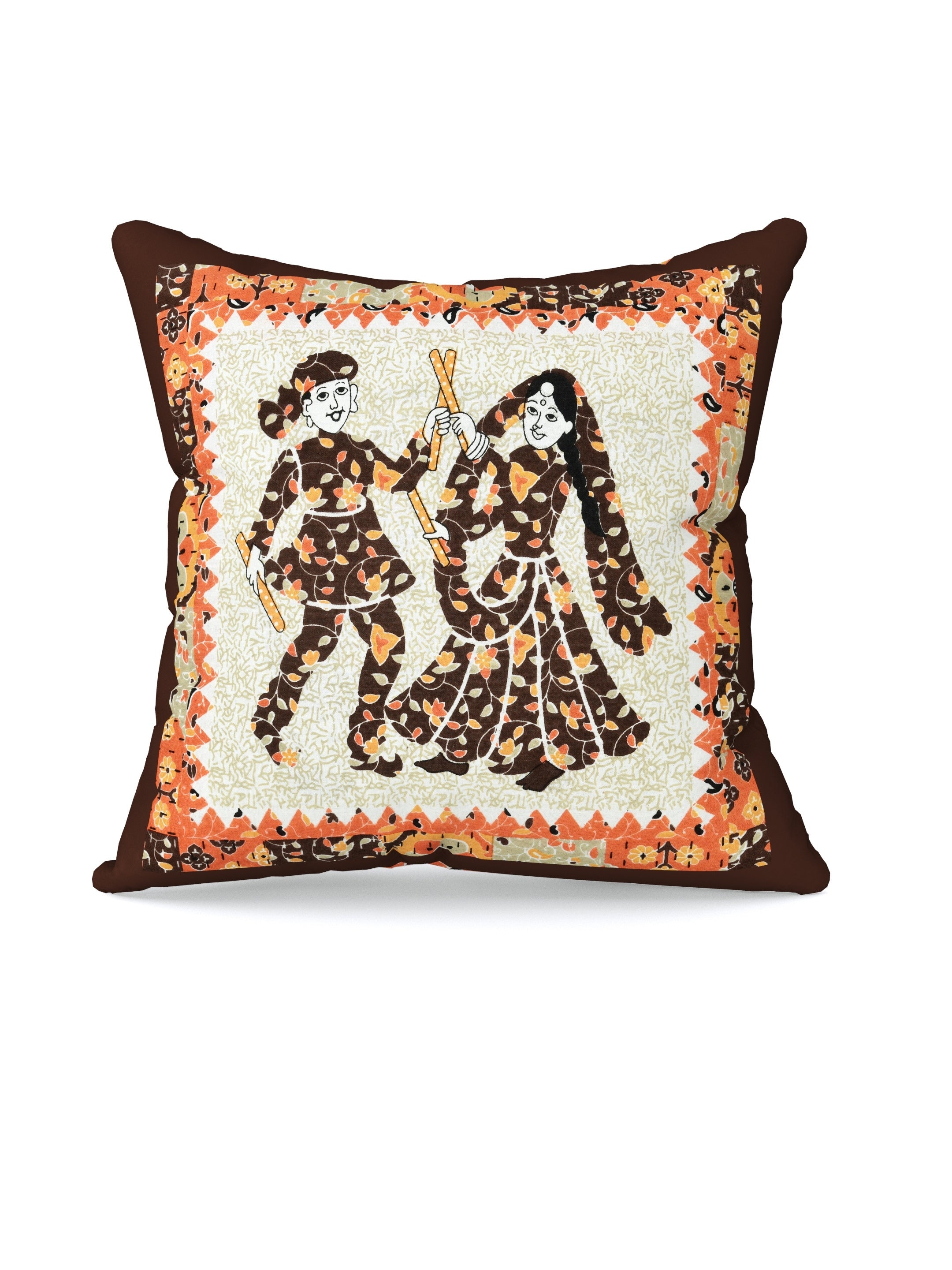 LIVING ROOTS Cotton Block Printed Cushion Cover – 5 Piece (Brown & Orange) | Traditional Folk Dance Design | Decorative Sofa & Living Room Cushion Cover | 16x16 Inches (40-043-B)