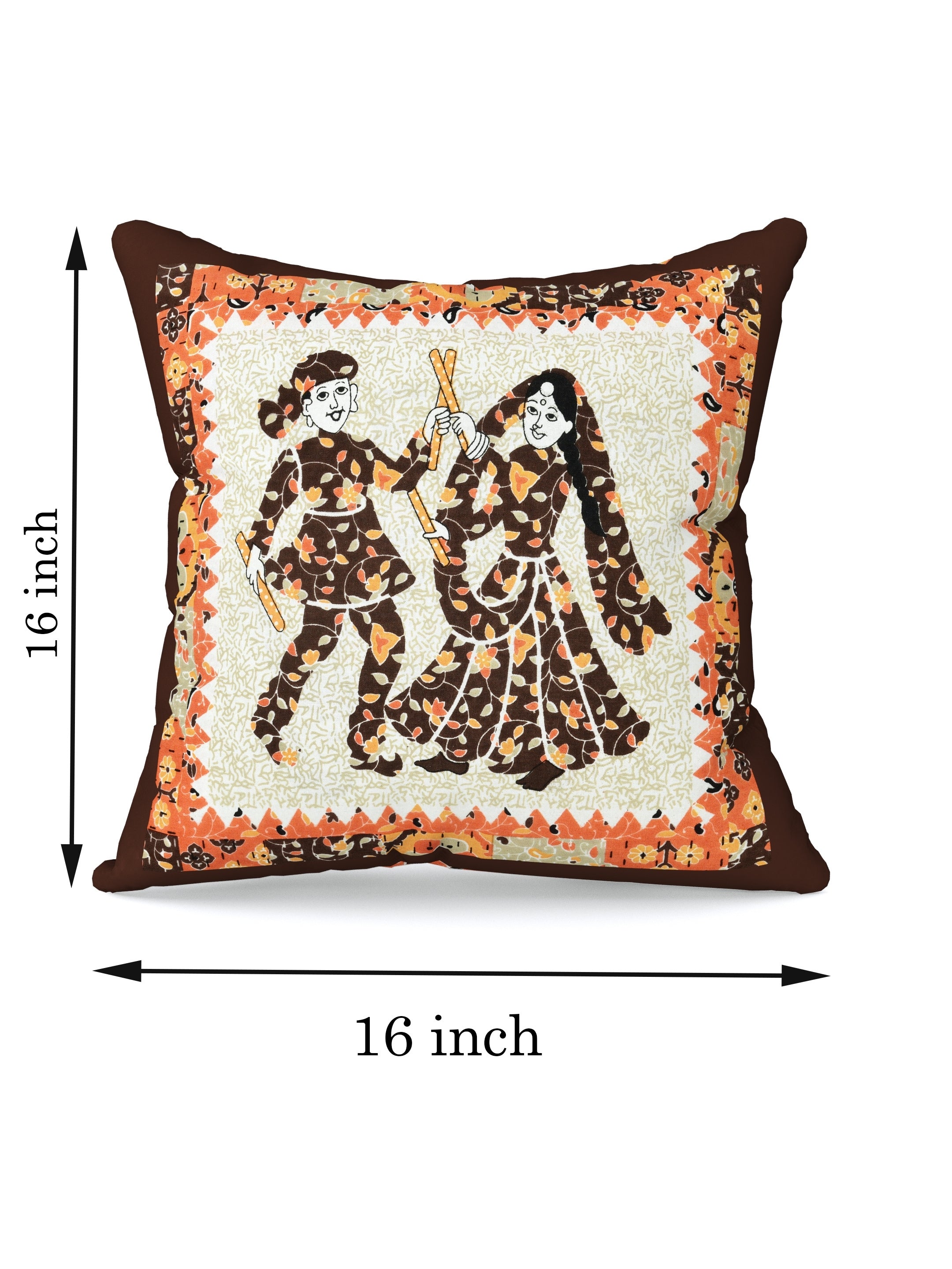 LIVING ROOTS Cotton Block Printed Cushion Cover – 5 Piece (Brown & Orange) | Traditional Folk Dance Design | Decorative Sofa & Living Room Cushion Cover | 16x16 Inches (40-043-B)