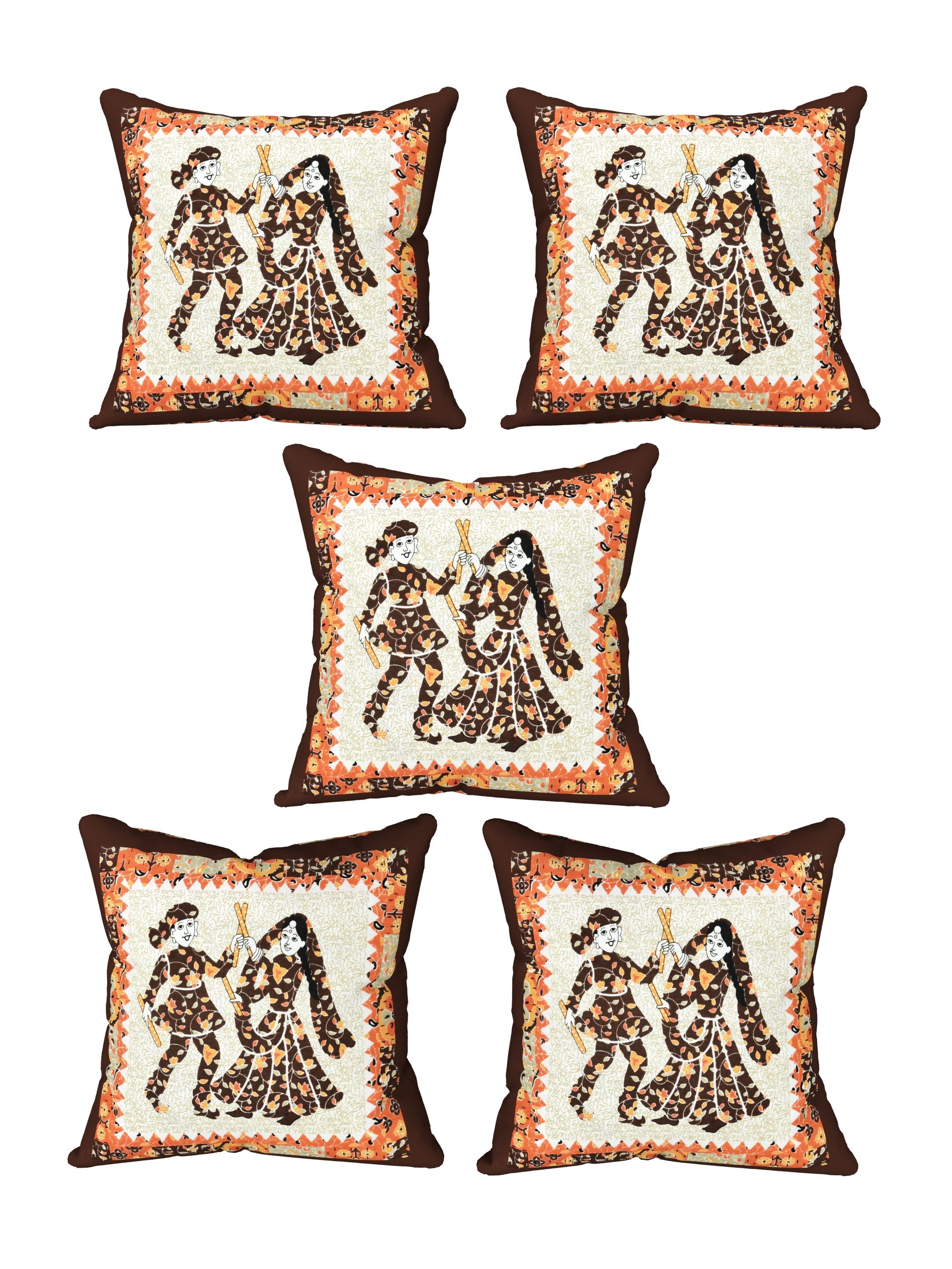 LIVING ROOTS Cotton Block Printed Cushion Cover – 5 Piece (Brown & Orange) | Traditional Folk Dance Design | Decorative Sofa & Living Room Cushion Cover | 16x16 Inches (40-043-B)