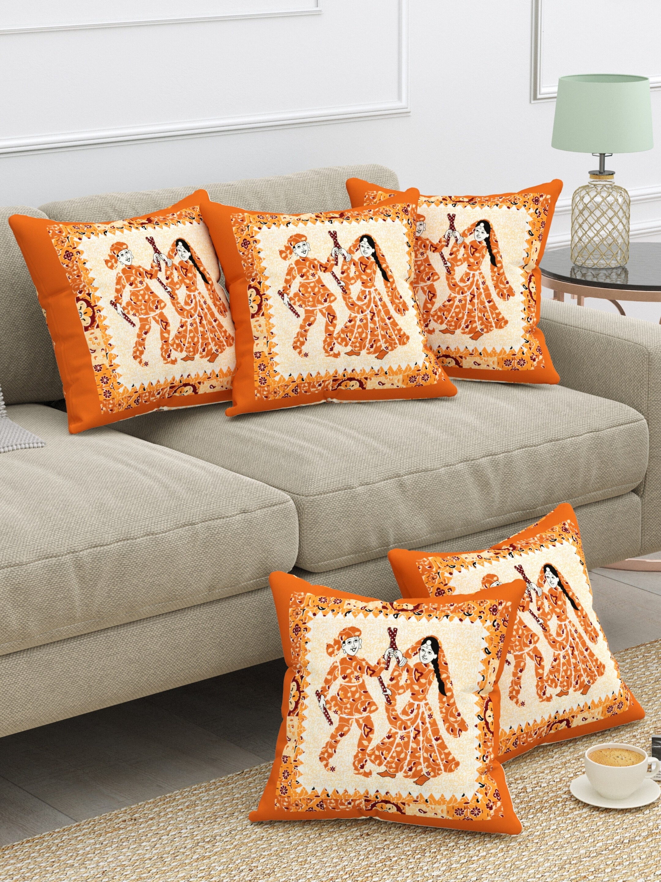 LIVING ROOTS Cotton Block Printed Cushion Cover – 5 Piece (Orange) | Traditional Folk Dance Design | Decorative Sofa & Living Room Cushion Cover | 16x16 Inches (40-043-C)