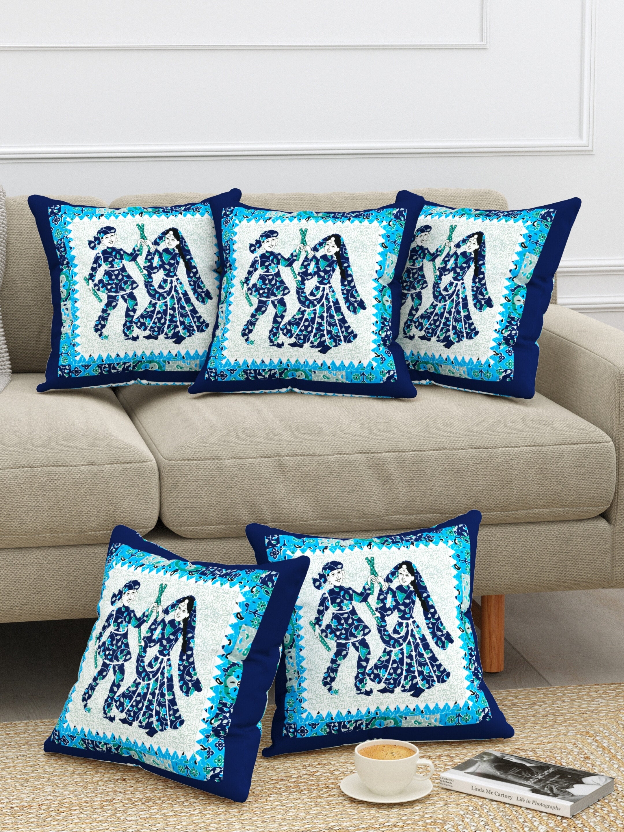 LIVING ROOTS Cotton Block Printed Cushion Cover – 5 Piece (Blue) | Traditional Folk Dance Design | Decorative Sofa & Living Room Cushion Cover | 16x16 Inches (40-043-D)