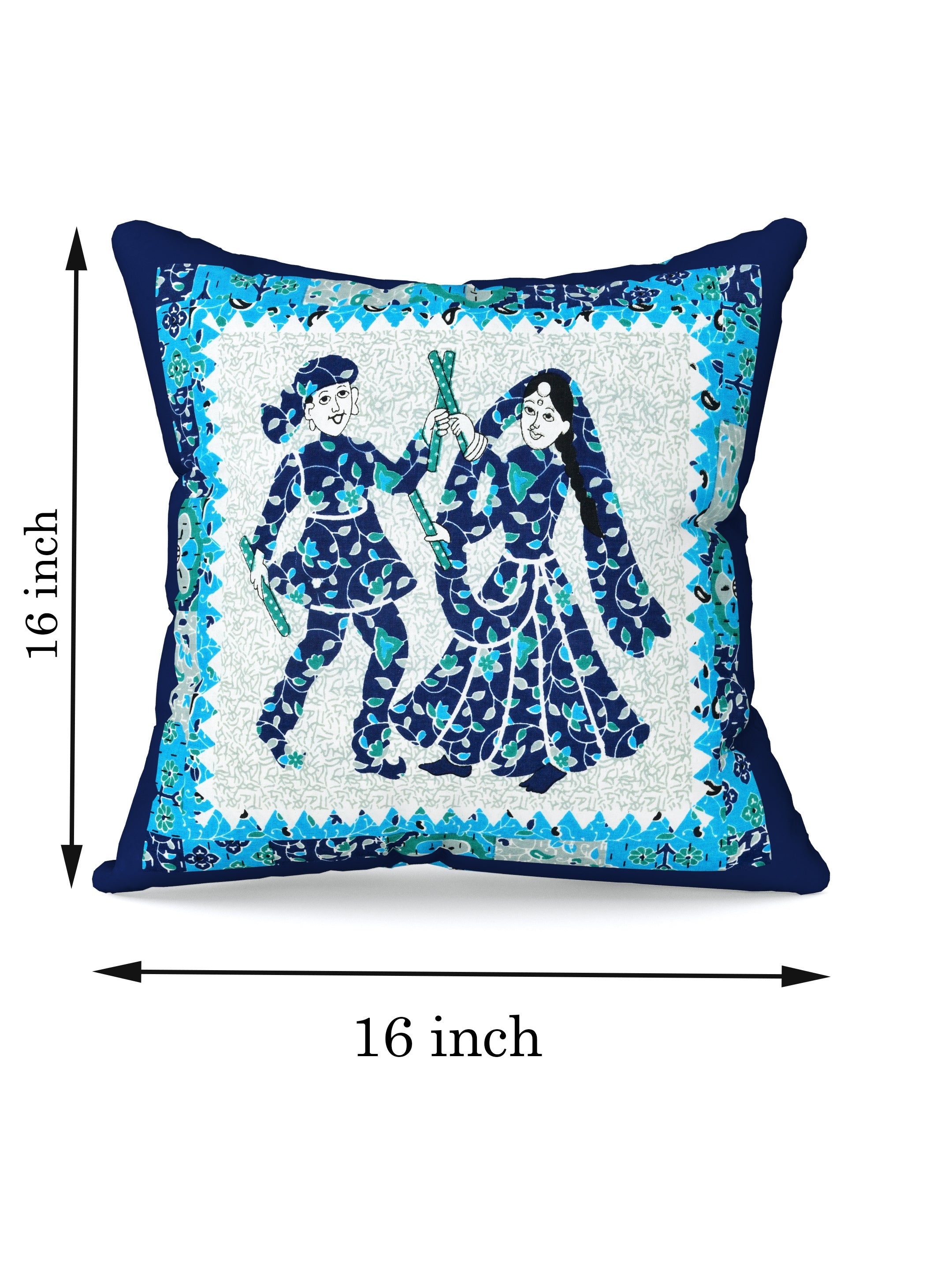 LIVING ROOTS Cotton Block Printed Cushion Cover – 5 Piece (Blue) | Traditional Folk Dance Design | Decorative Sofa & Living Room Cushion Cover | 16x16 Inches (40-043-D)