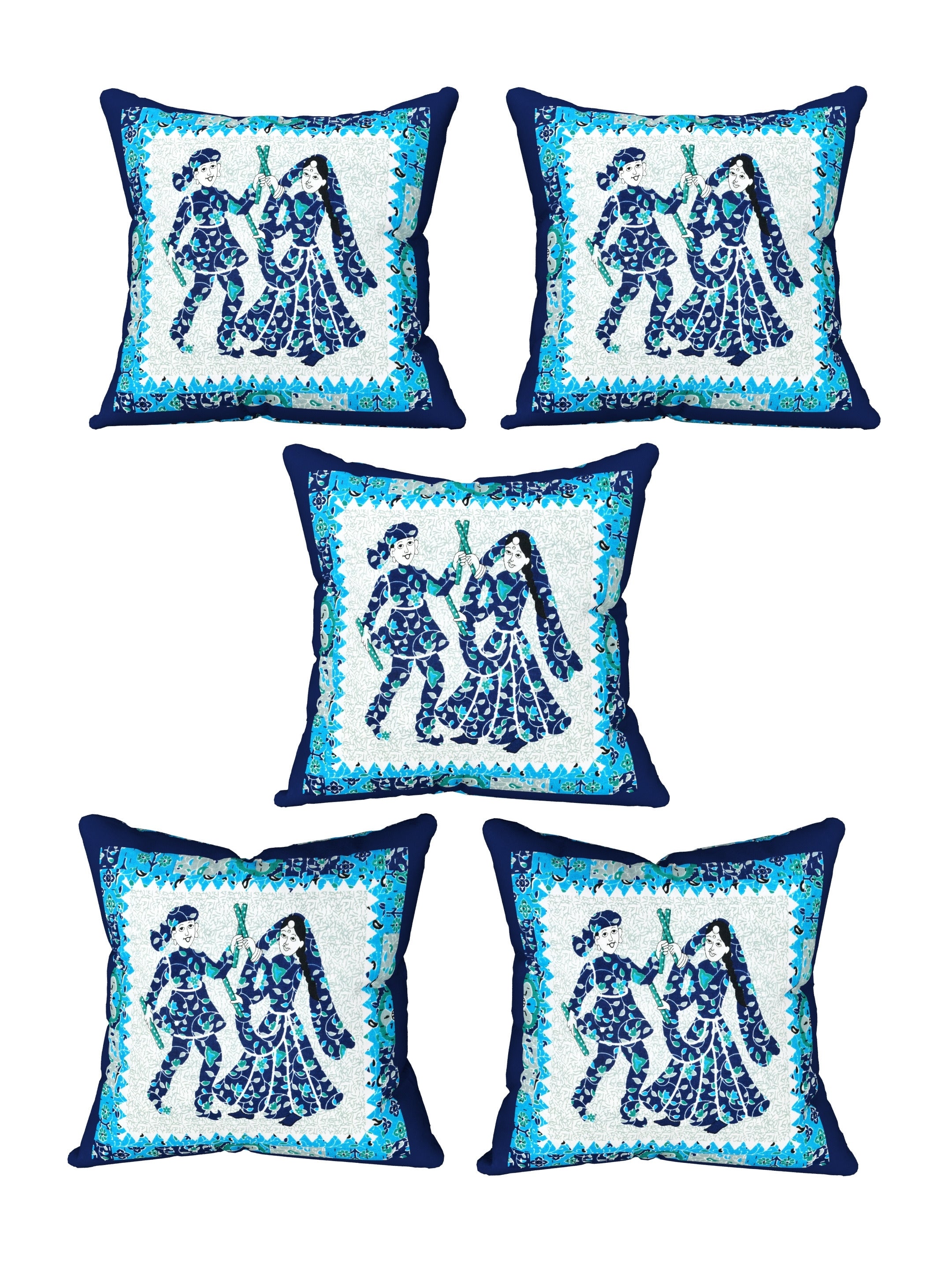 LIVING ROOTS Cotton Block Printed Cushion Cover – 5 Piece (Blue) | Traditional Folk Dance Design | Decorative Sofa & Living Room Cushion Cover | 16x16 Inches (40-043-D)