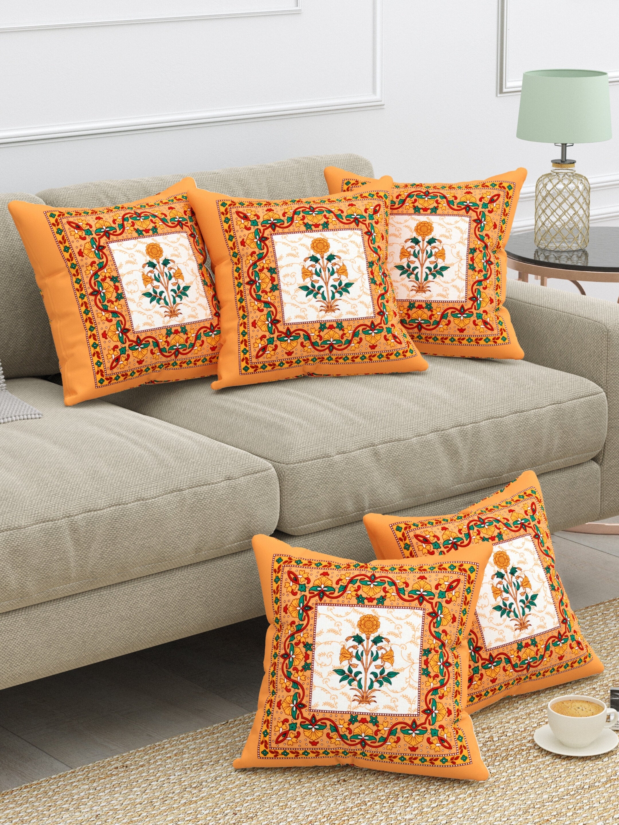 LIVING ROOTS Cotton Block Printed Cushion Covers – 5 Piece Set (Orange) | Traditional Floral Motif Design | Decorative Sofa & Living Room Cushion Covers | 16x16 Inches (40-044-A)