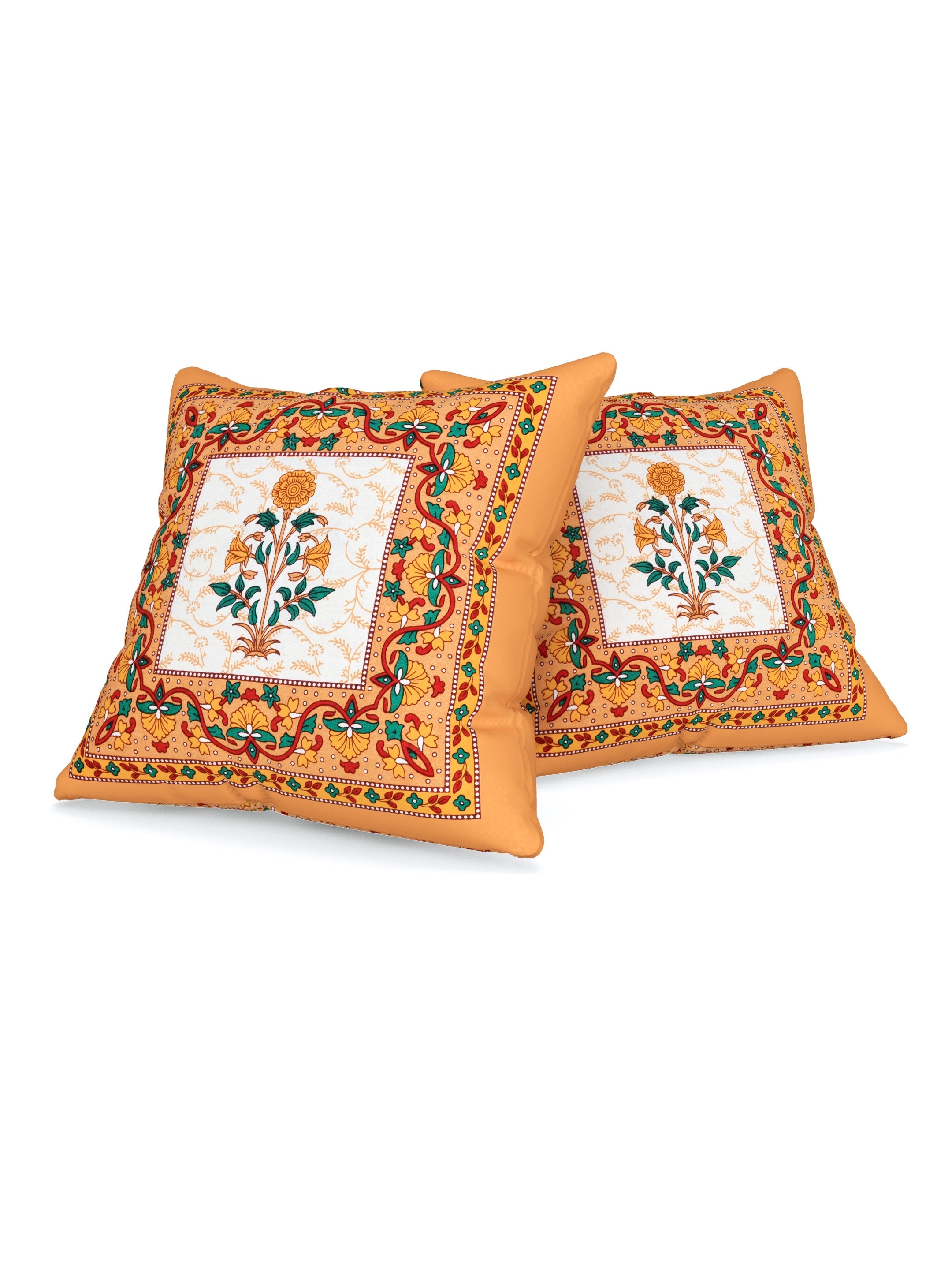 LIVING ROOTS Cotton Block Printed Cushion Covers – 5 Piece Set (Orange) | Traditional Floral Motif Design | Decorative Sofa & Living Room Cushion Covers | 16x16 Inches (40-044-A)