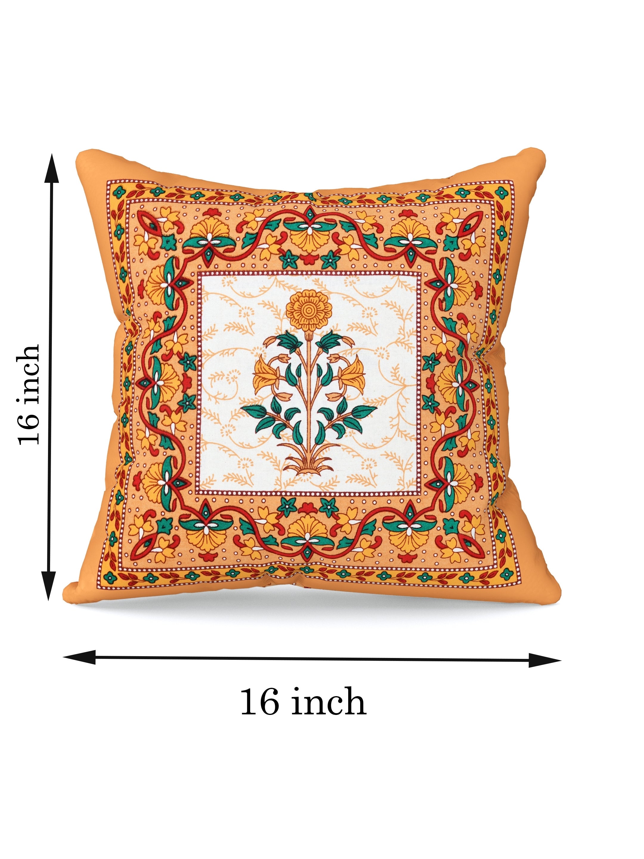 LIVING ROOTS Cotton Block Printed Cushion Covers – 5 Piece Set (Orange) | Traditional Floral Motif Design | Decorative Sofa & Living Room Cushion Covers | 16x16 Inches (40-044-A)