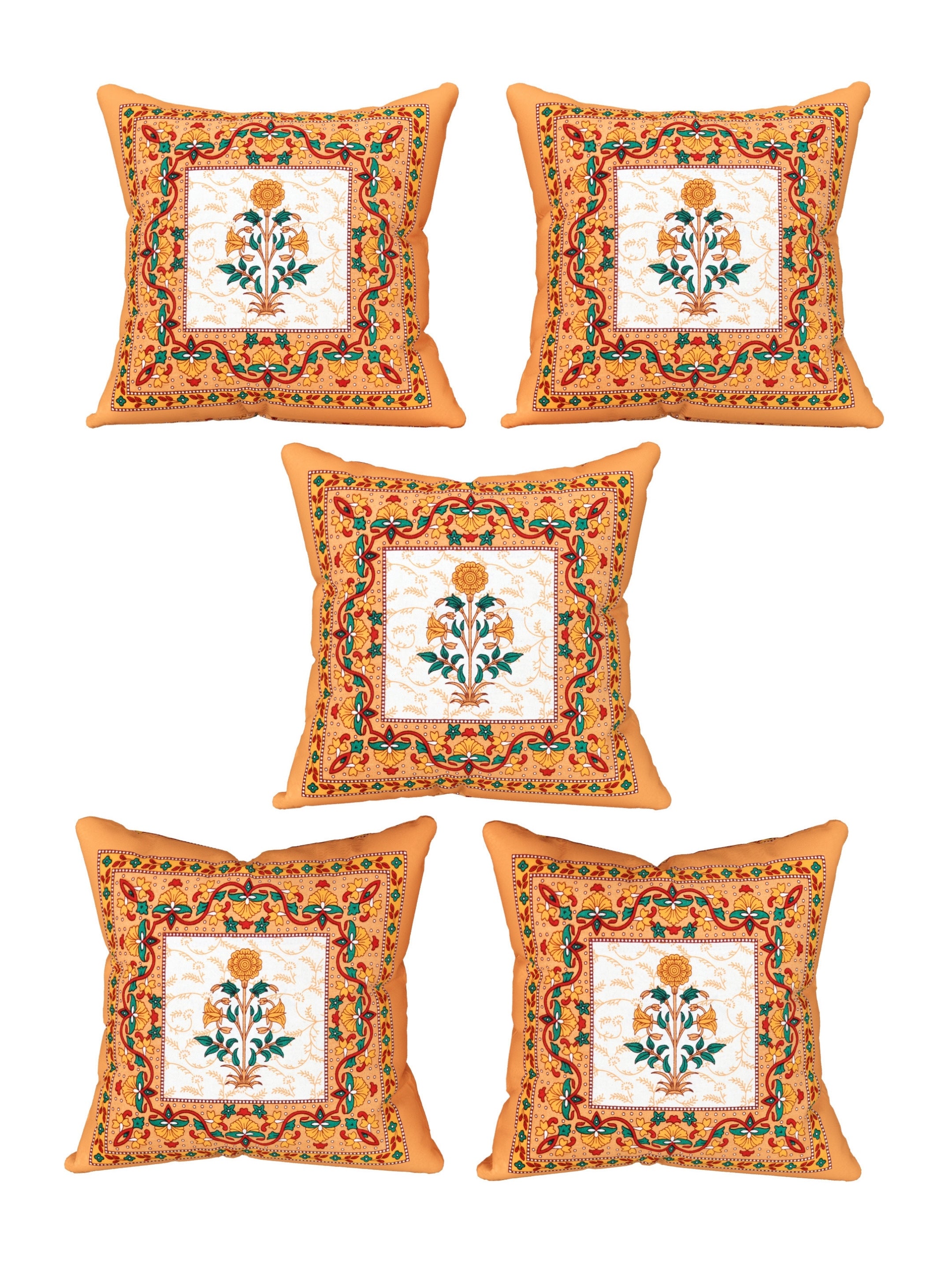 LIVING ROOTS Cotton Block Printed Cushion Covers – 5 Piece Set (Orange) | Traditional Floral Motif Design | Decorative Sofa & Living Room Cushion Covers | 16x16 Inches (40-044-A)
