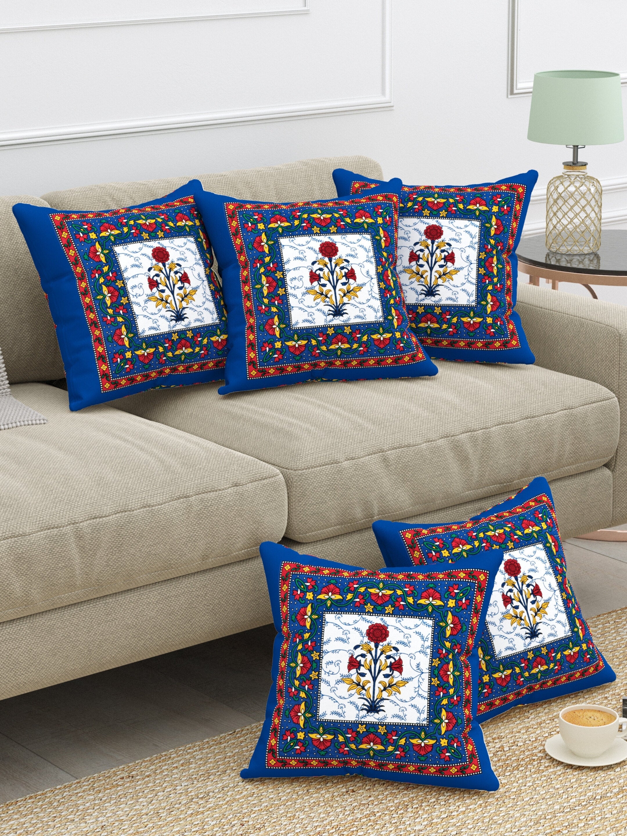 LIVING ROOTS Cotton Block Printed Cushion Covers – 5 Piece Set (Blue) | Traditional Floral Motif Design | Decorative Sofa & Living Room Cushion Covers | 16x16 Inches (40-044-B)