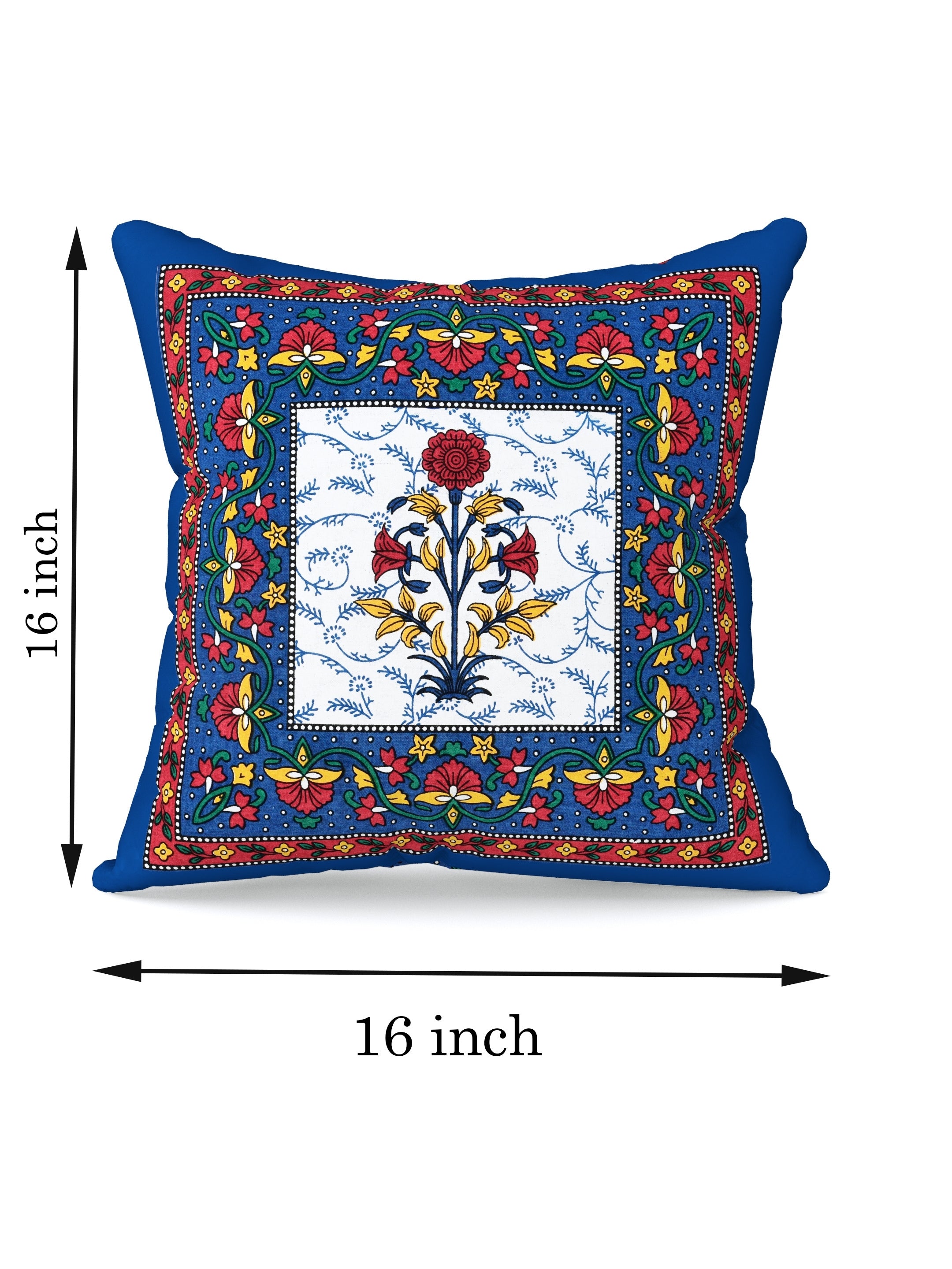 LIVING ROOTS Cotton Block Printed Cushion Covers – 5 Piece Set (Blue) | Traditional Floral Motif Design | Decorative Sofa & Living Room Cushion Covers | 16x16 Inches (40-044-B)